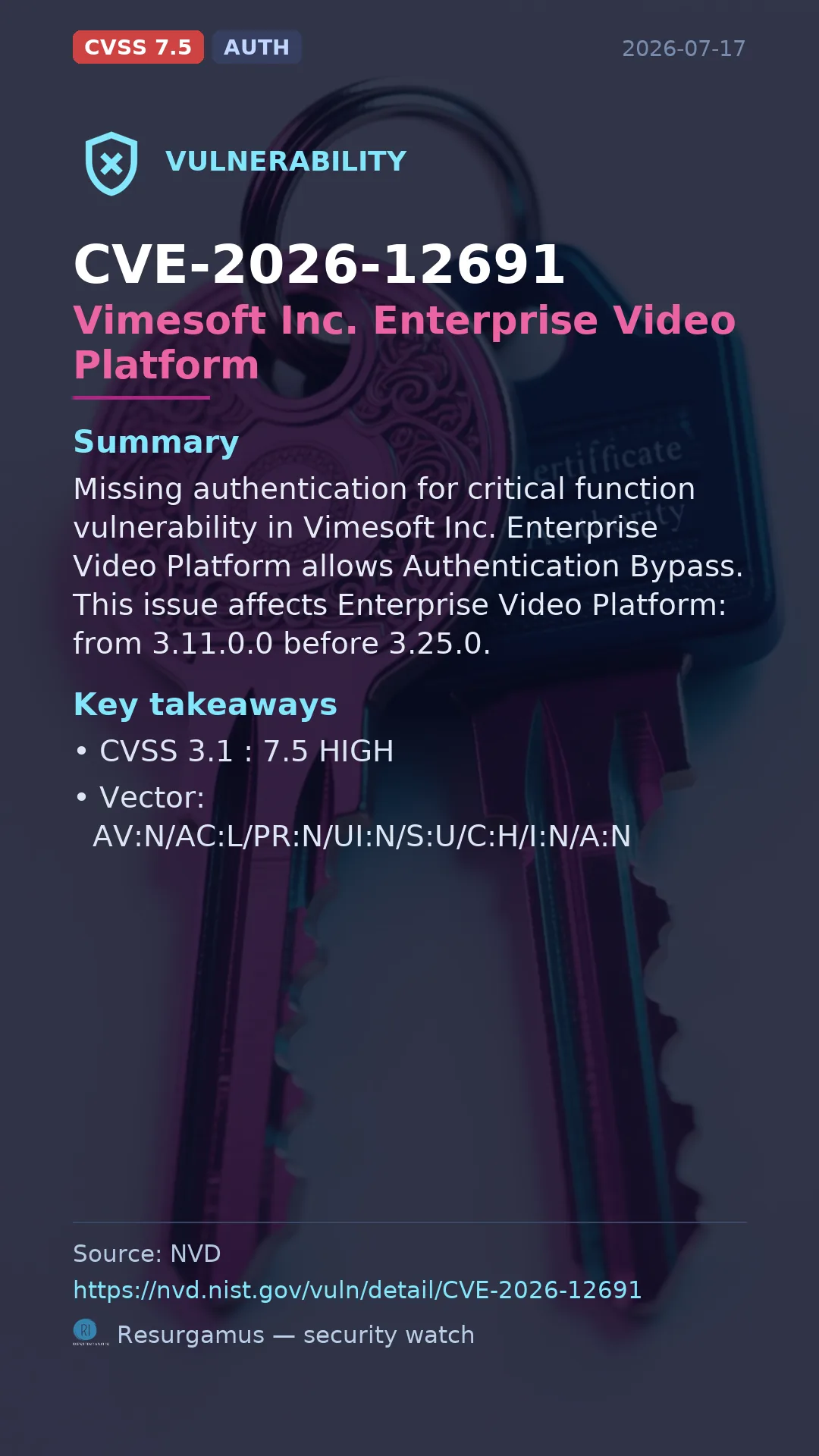 CVE-2026-12691 Vimesoft Inc. Enterprise Video Platform Vulnerability