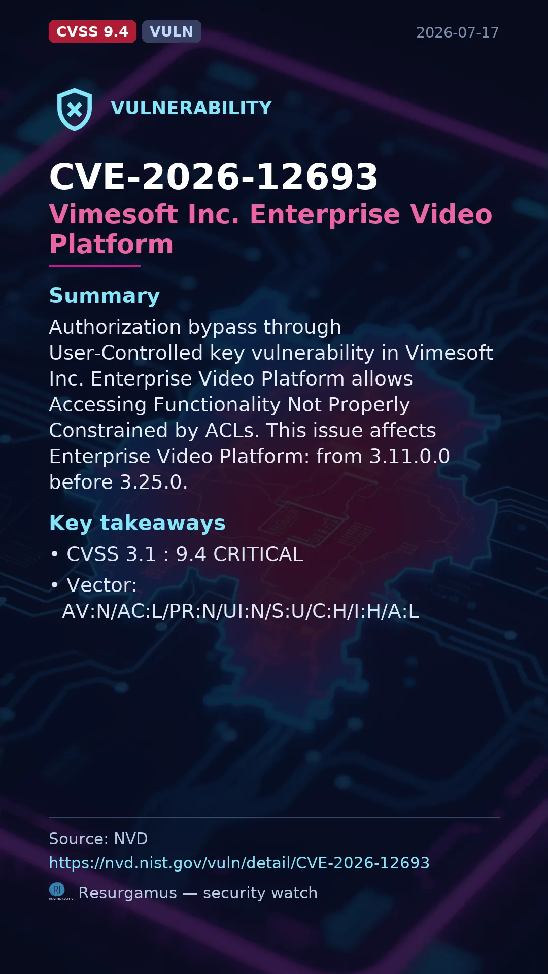 CVE-2026-12693 Vimesoft Inc. Enterprise Video Platform Vulnerability