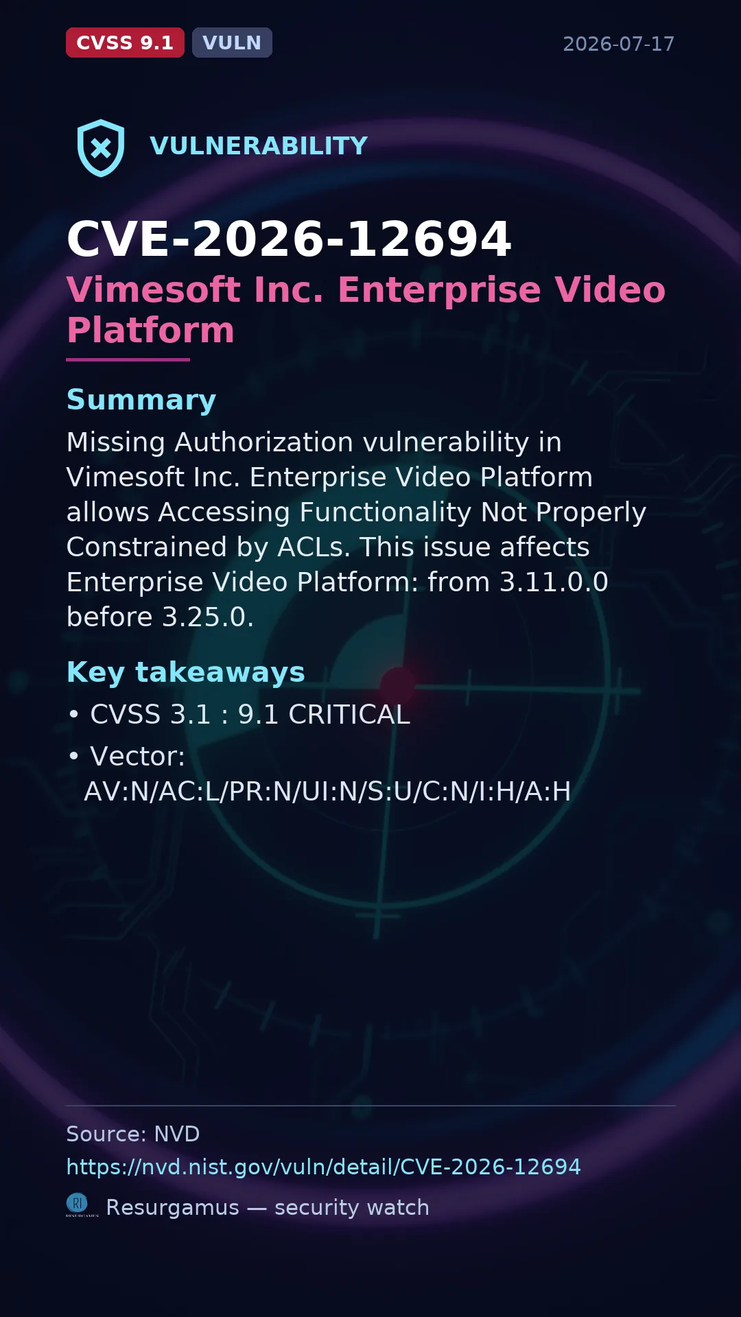 CVE-2026-12694 Vimesoft Inc. Enterprise Video Platform Vulnerability
