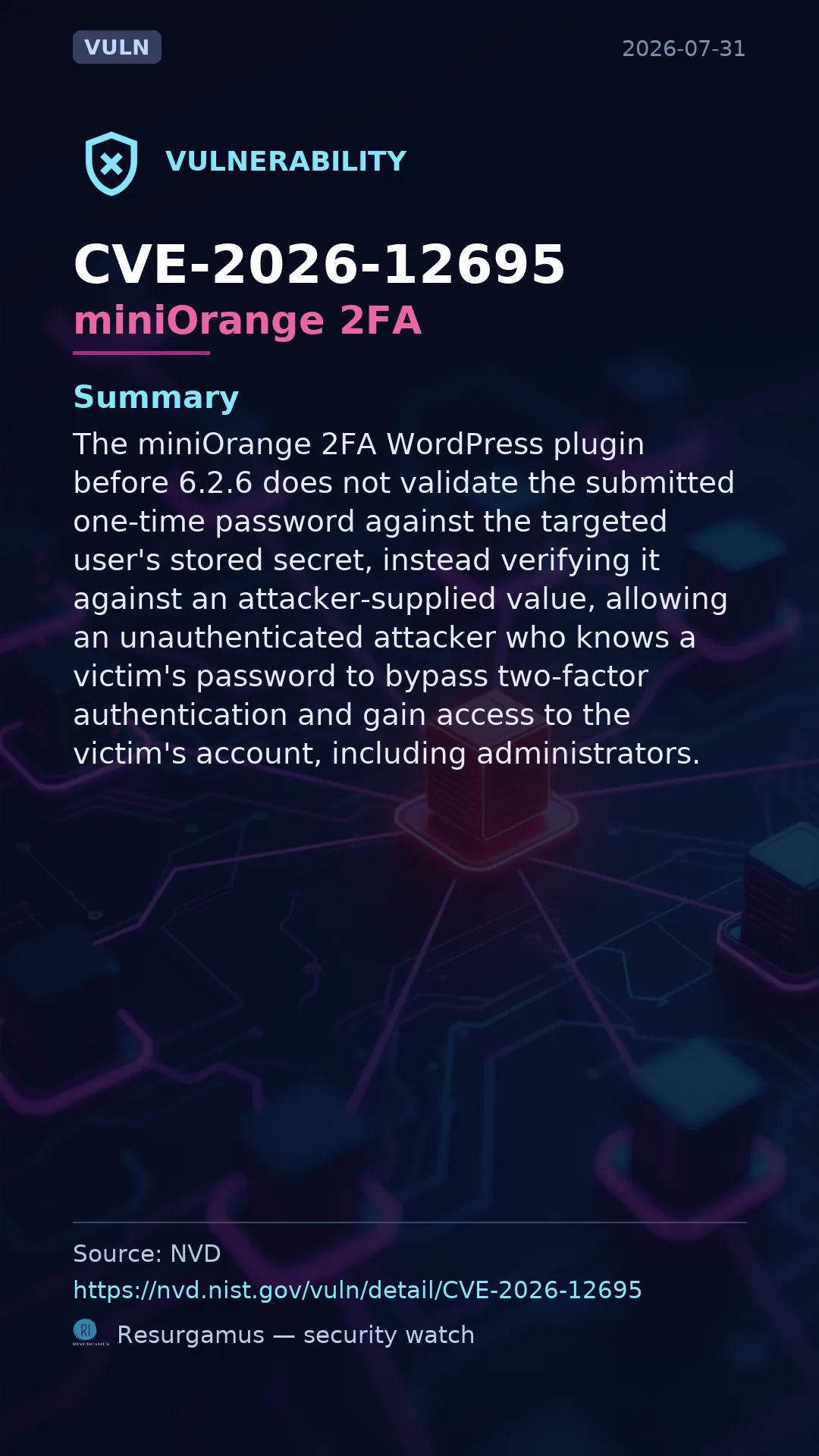CVE-2026-12695 miniOrange 2FA Vulnerability