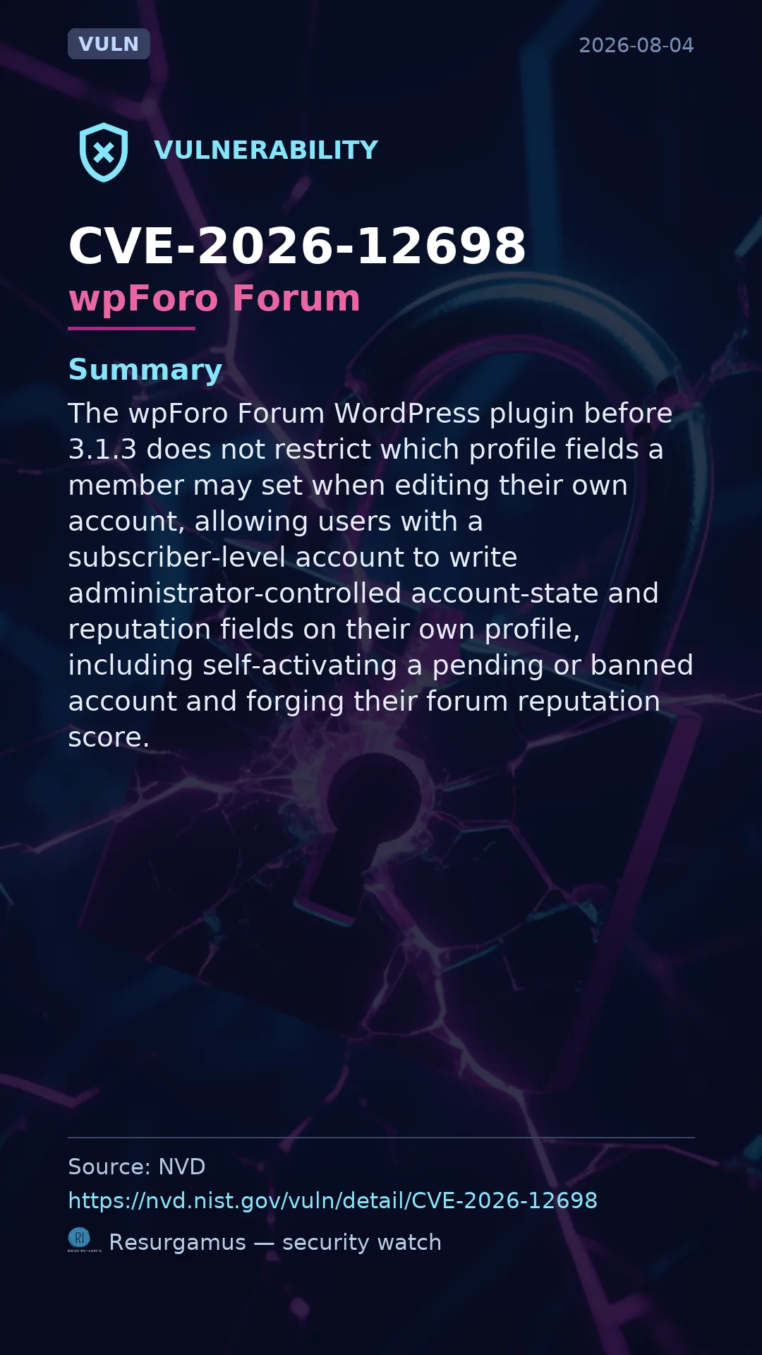 CVE-2026-12698 wpForo Forum Vulnerability