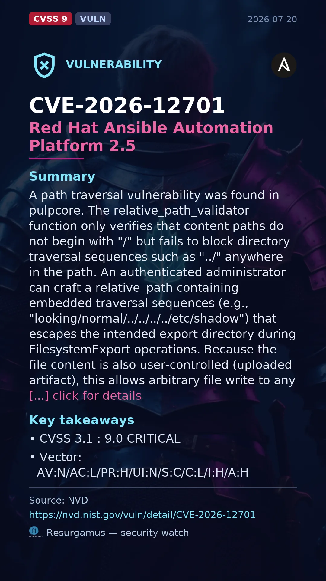 CVE-2026-12701 Red Hat Ansible Automation Platform 2.5  Vulnerability