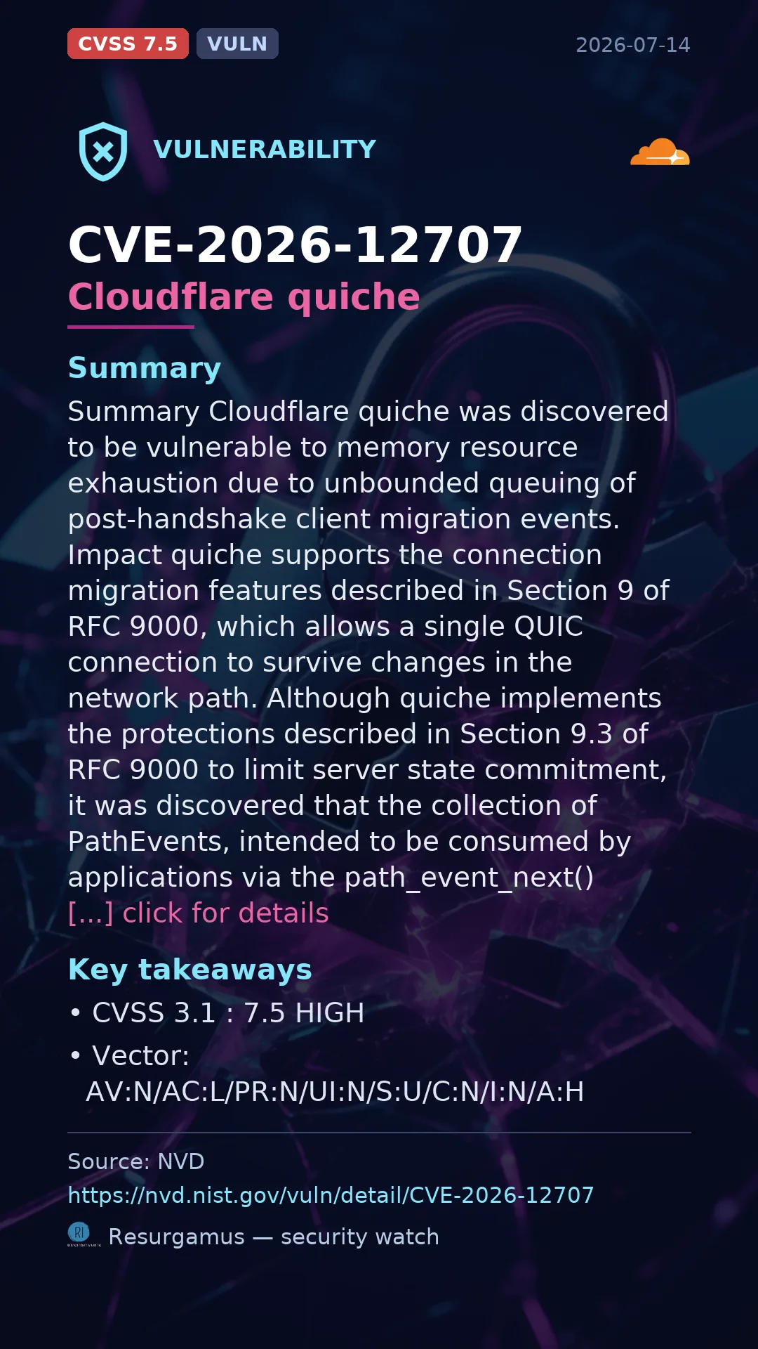 CVE-2026-12707 Cloudflare quiche Vulnerability