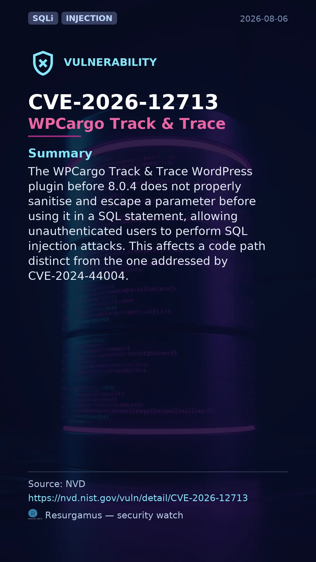 CVE-2026-12713 WPCargo Track & Trace Vulnerability