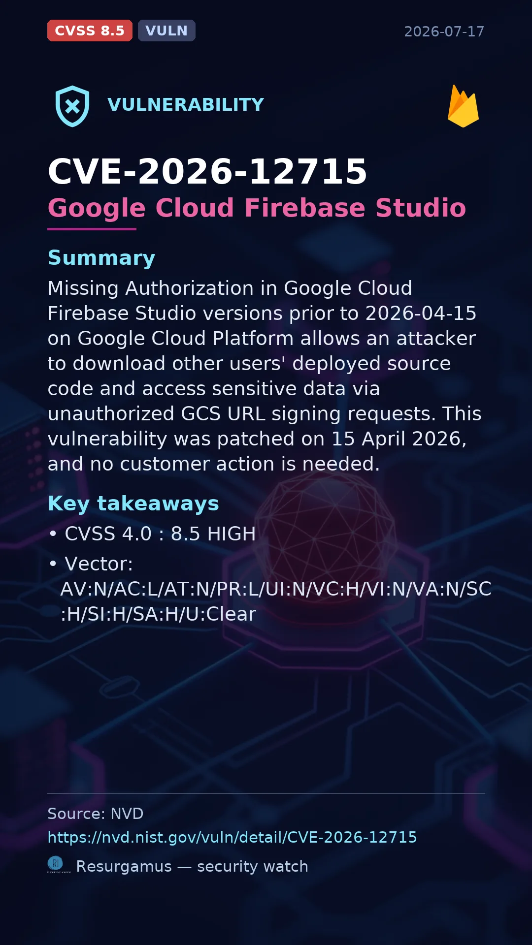 CVE-2026-12715 Google Cloud Firebase Studio Vulnerability