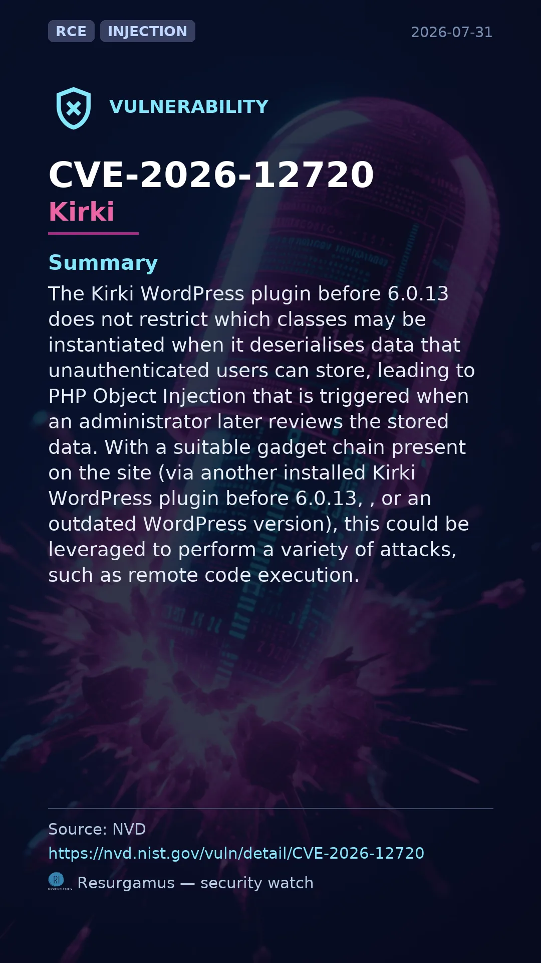 CVE-2026-12720 Kirki Vulnerability