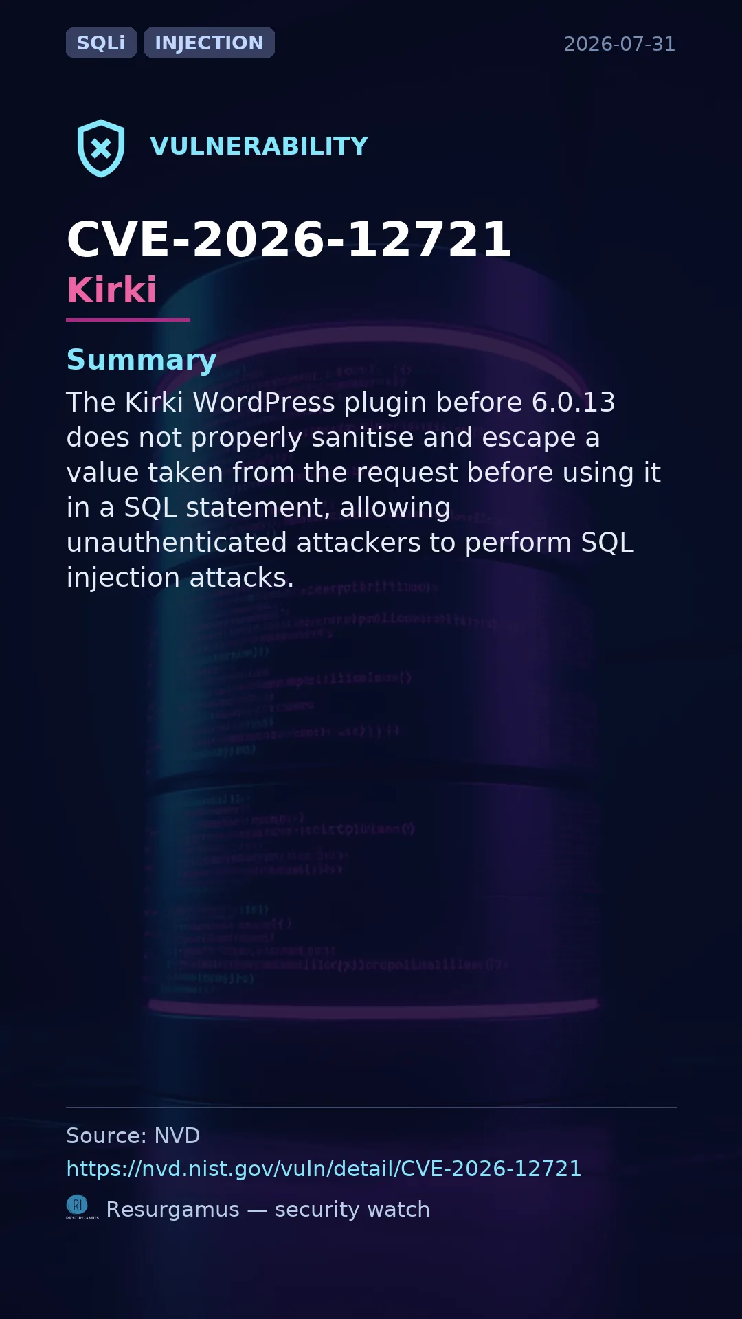 CVE-2026-12721 Kirki Vulnerability