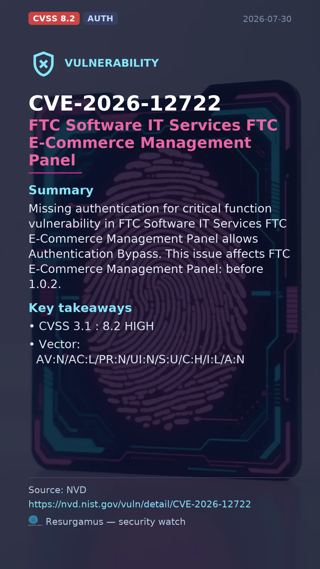 CVE-2026-12722 FTC Software IT Services FTC E-Commerce Management Panel Vulnerability