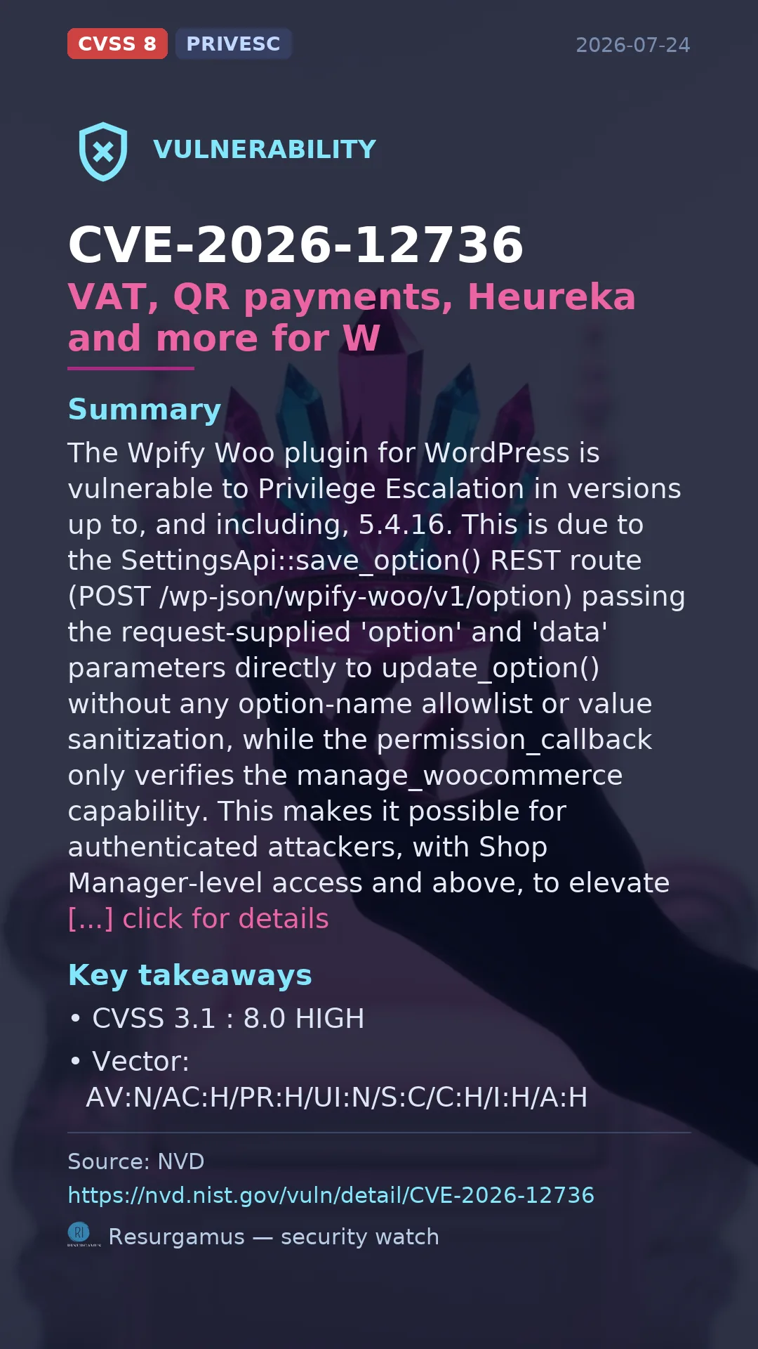 CVE-2026-12736 - wpify VAT, QR payments, Heureka and more for WooCommerce vulnerability