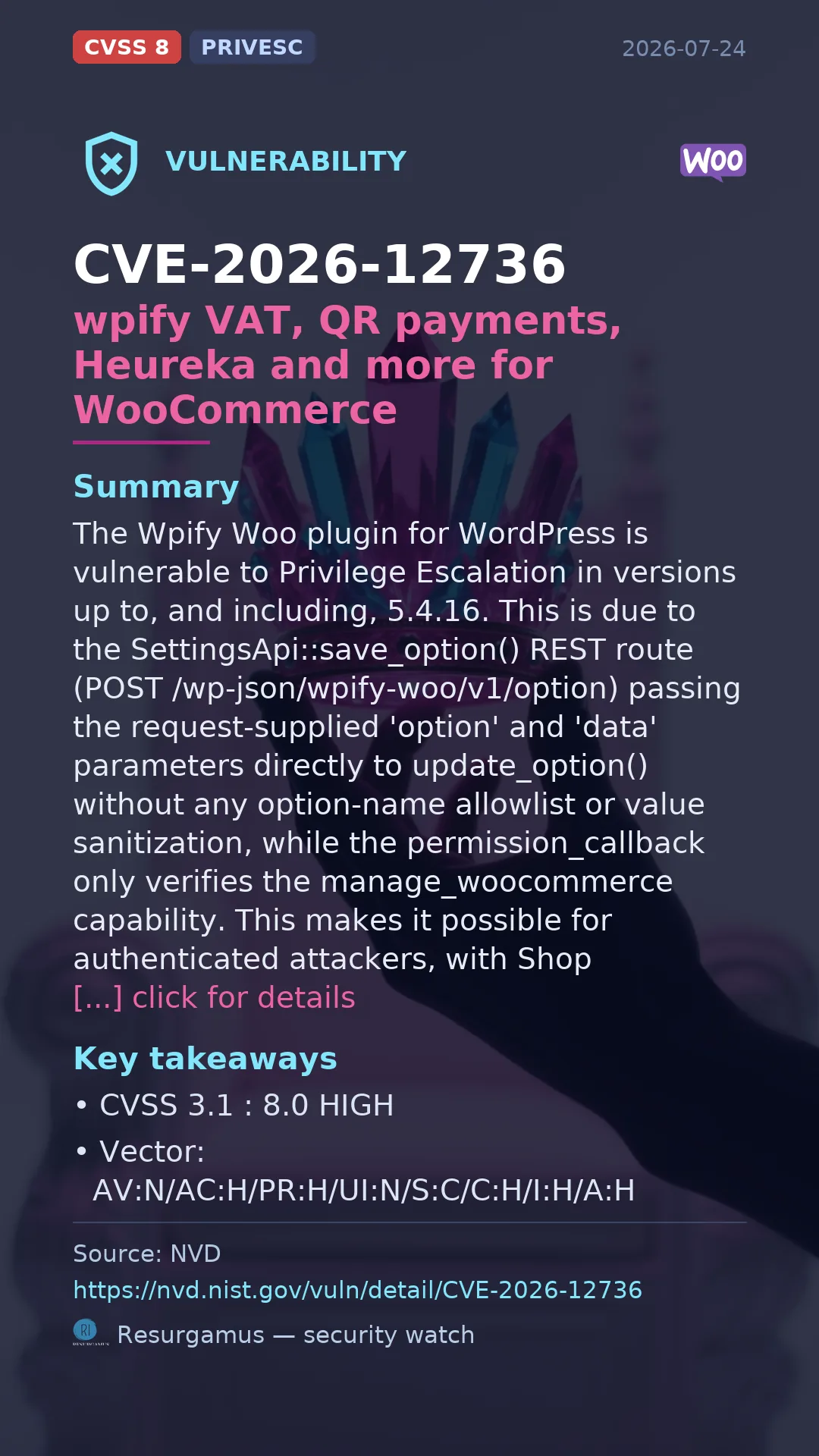 CVE-2026-12736 - wpify VAT, QR payments, Heureka and more for WooCommerce vulnerability