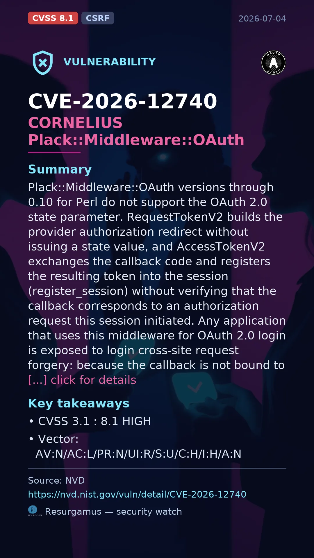 CVE-2026-12740 CORNELIUS Plack::Middleware::OAuth Vulnerability