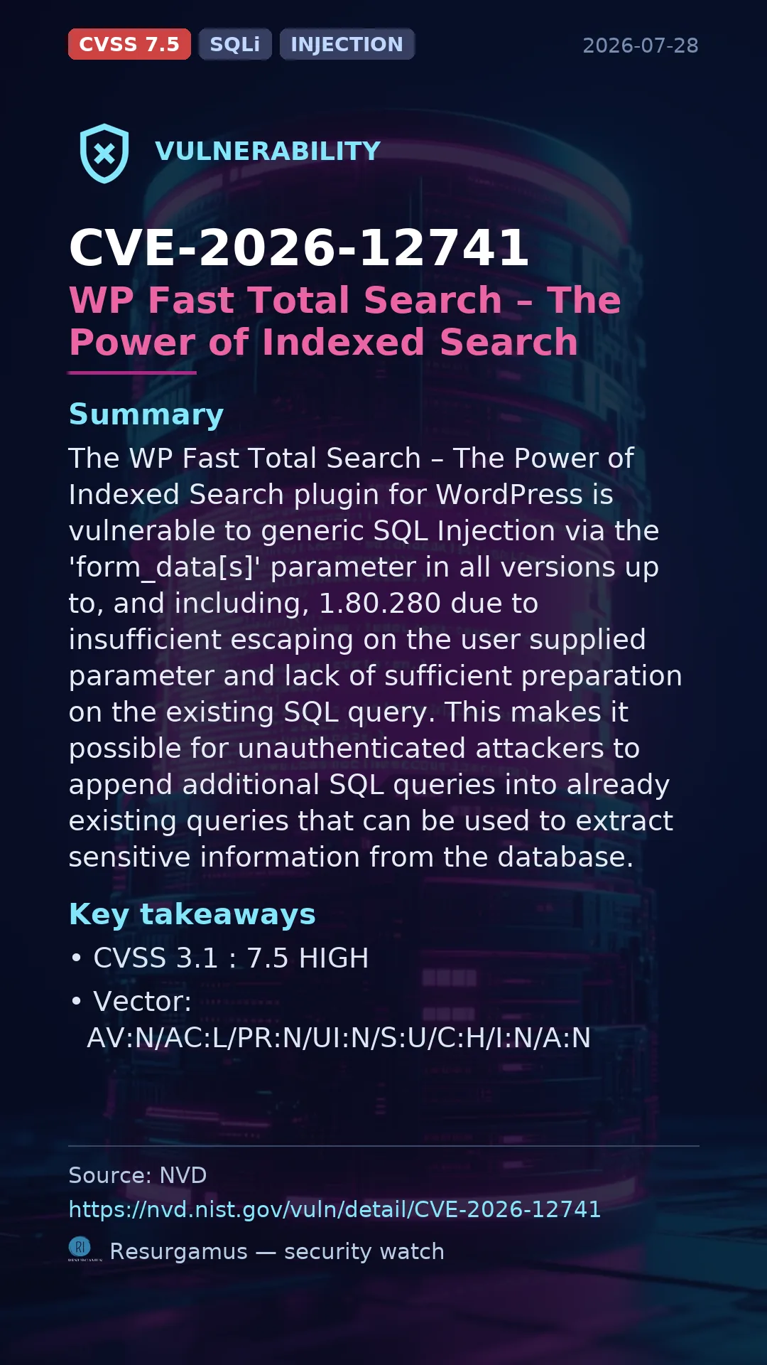 CVE-2026-12741 WP Fast Total Search – The Power of Inde Vulnerability