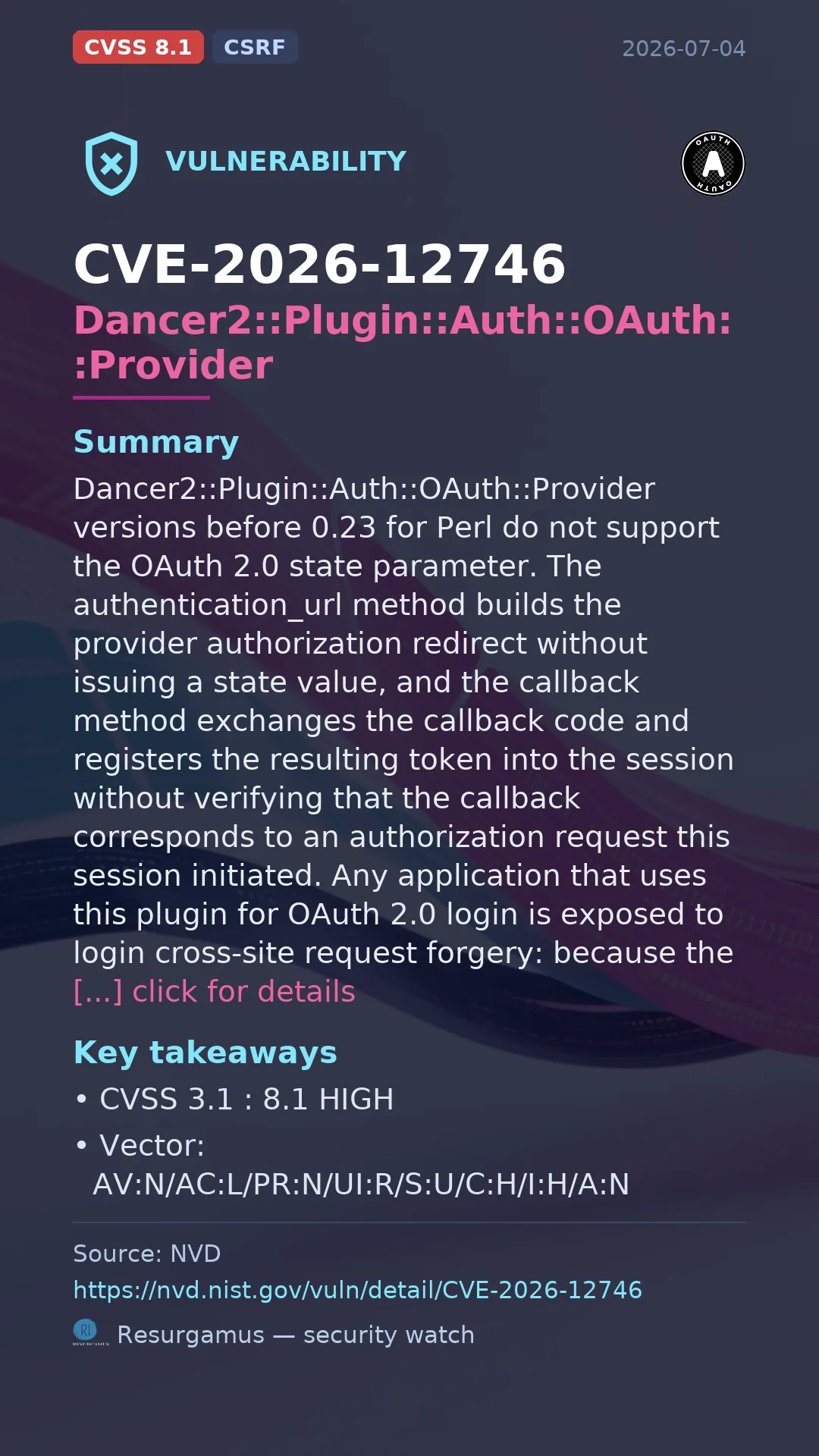 CVE-2026-12746 Dancer2::Plugin::Auth::OAuth::Provider Vulnerability