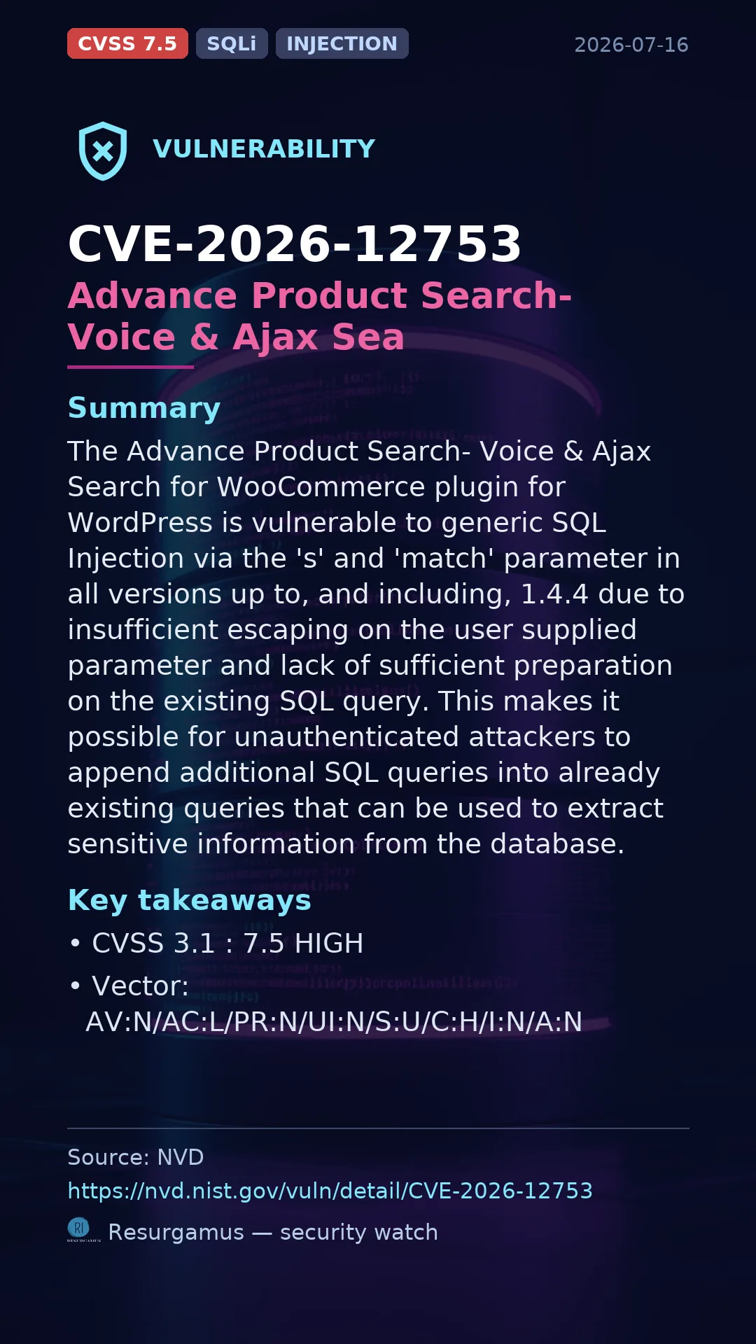 CVE-2026-12753 Advance Product Search- Voice & Ajax Sea Vulnerability