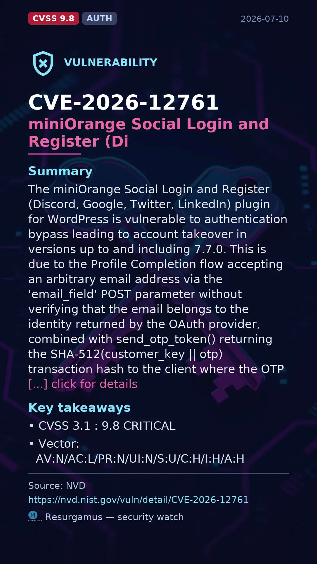 CVE-2026-12761 miniOrange Social Login and Register (Di Vulnerability