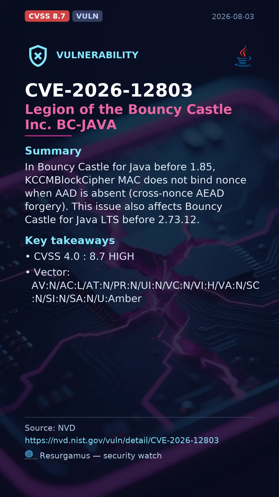 CVE-2026-12803 Legion of the Bouncy Castle Inc. BC-JAVA Vulnerability