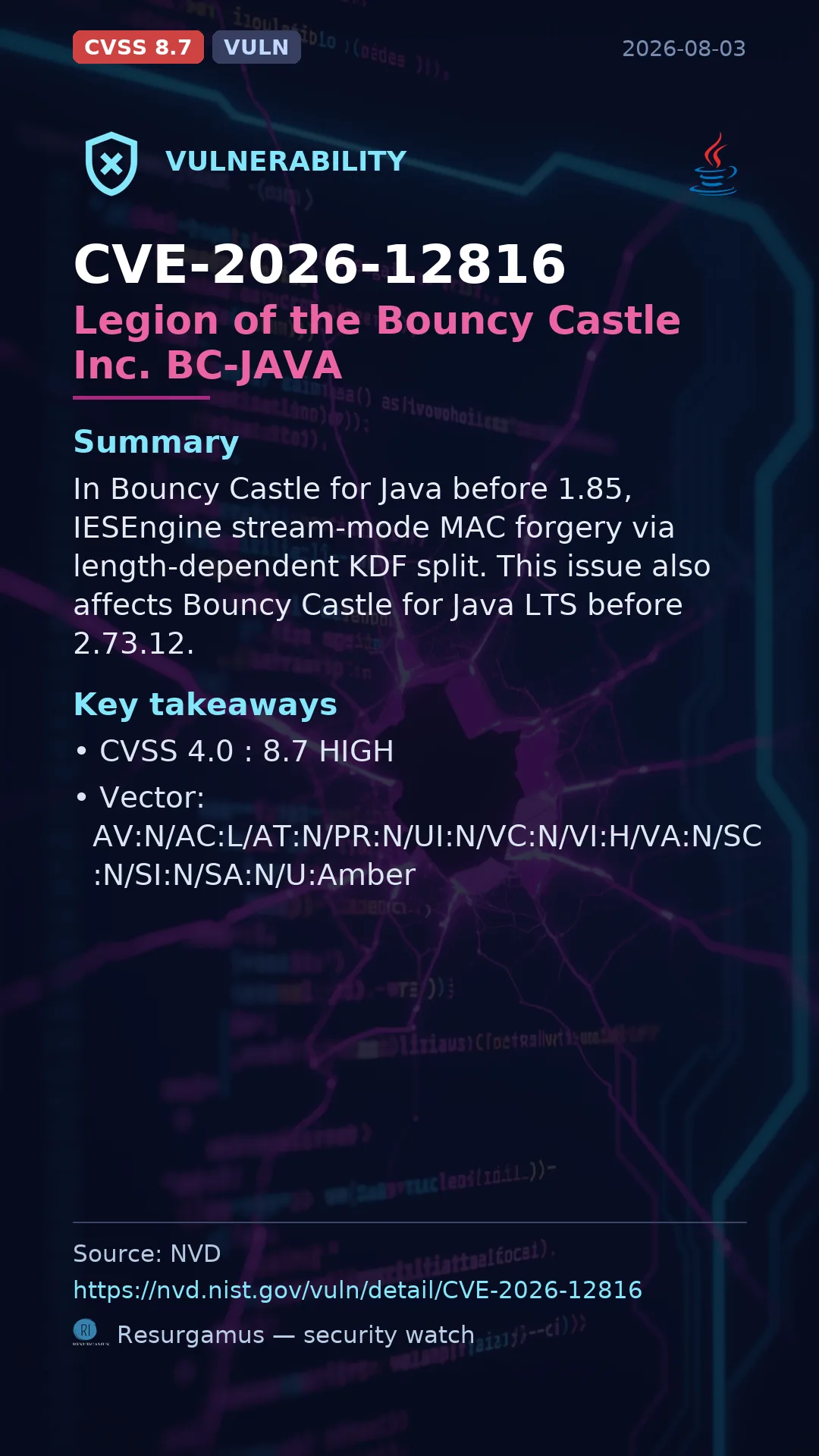 CVE-2026-12816 Legion of the Bouncy Castle Inc. BC-JAVA Vulnerability