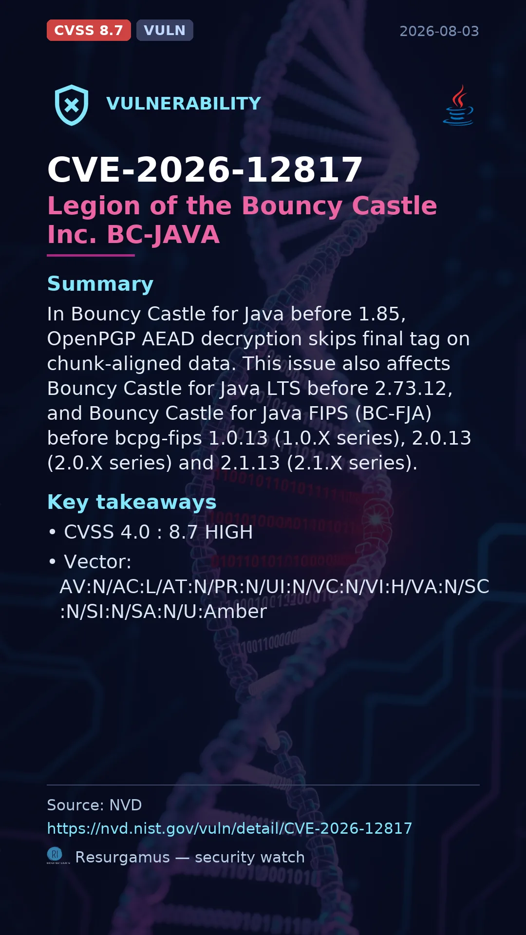 CVE-2026-12817 Legion of the Bouncy Castle Inc. BC-JAVA Vulnerability