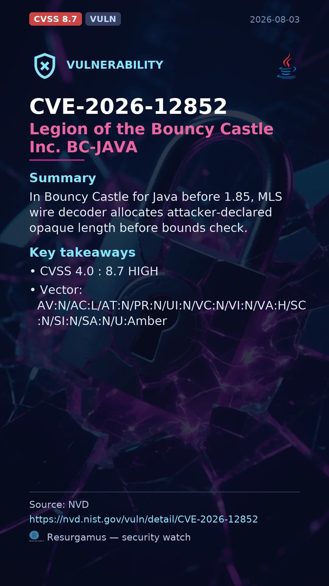 CVE-2026-12852 Legion of the Bouncy Castle Inc. BC-JAVA Vulnerability