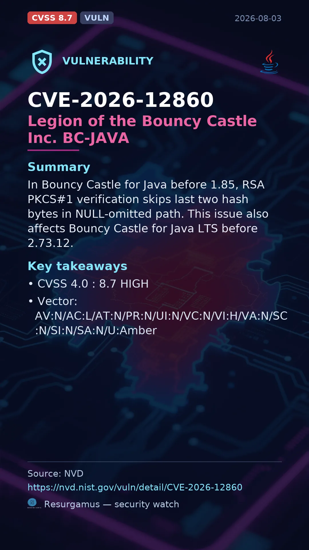 CVE-2026-12860 Legion of the Bouncy Castle Inc. BC-JAVA Vulnerability