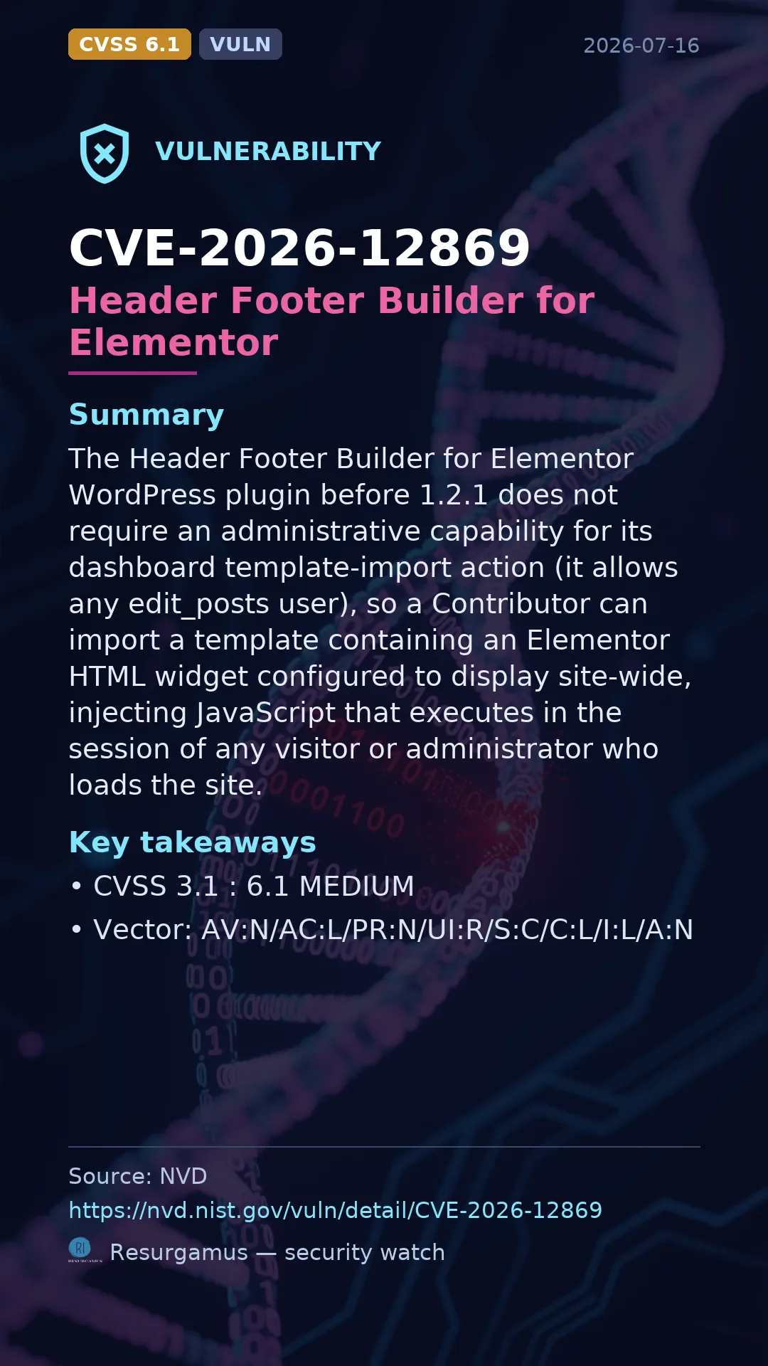 CVE-2026-12869 Header Footer Builder for Elementor Vulnerability