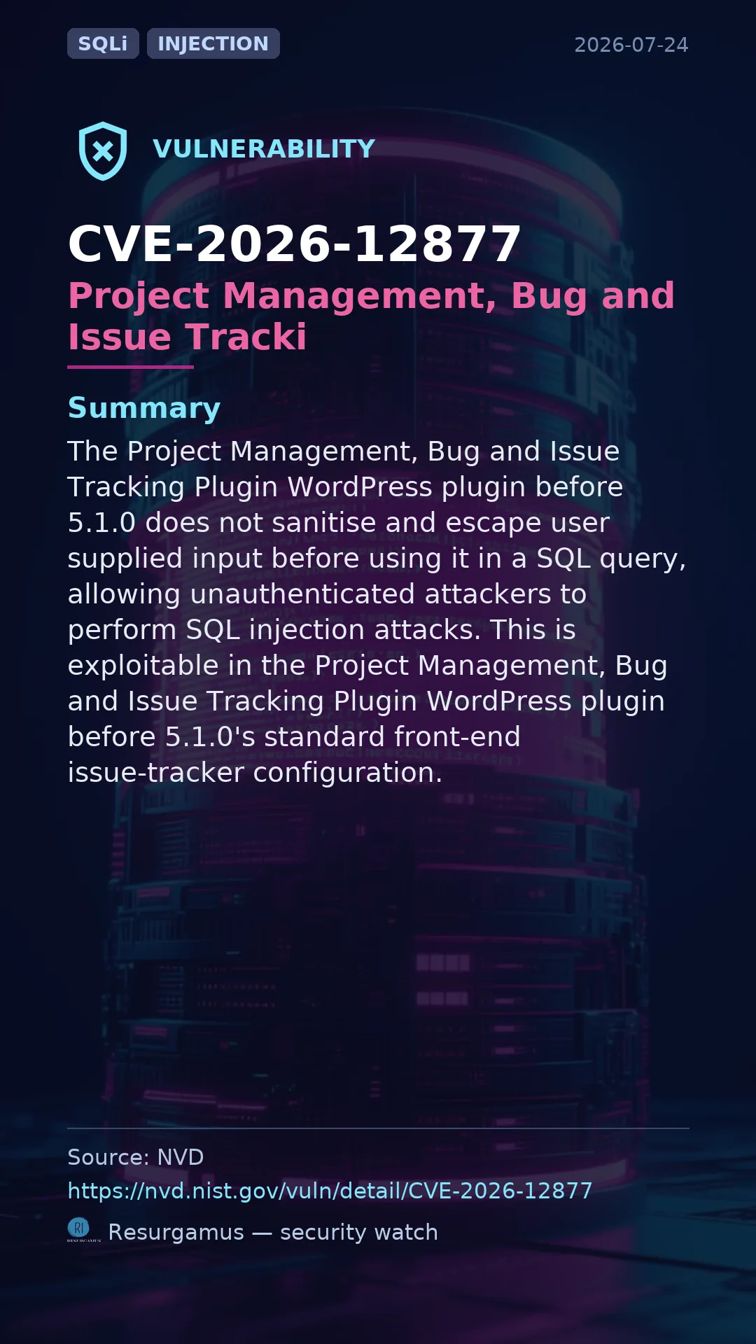 CVE-2026-12877 - Project Management, Bug and Issue Tracking Plugin vulnerability