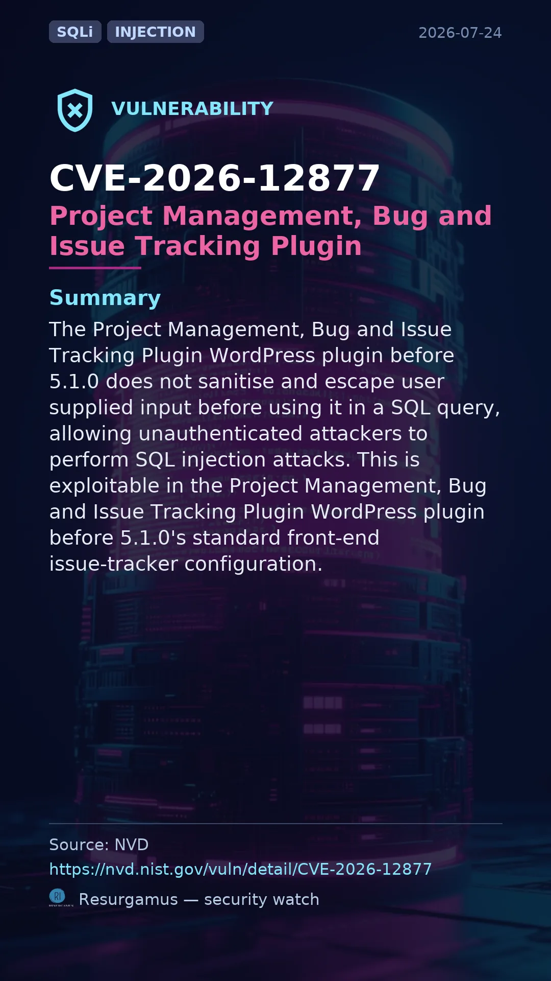 CVE-2026-12877 - Project Management, Bug and Issue Tracking Plugin vulnerability
