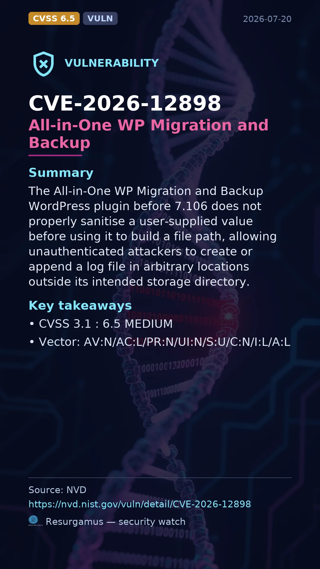CVE-2026-12898 All-in-One WP Migration and Backup Vulnerability