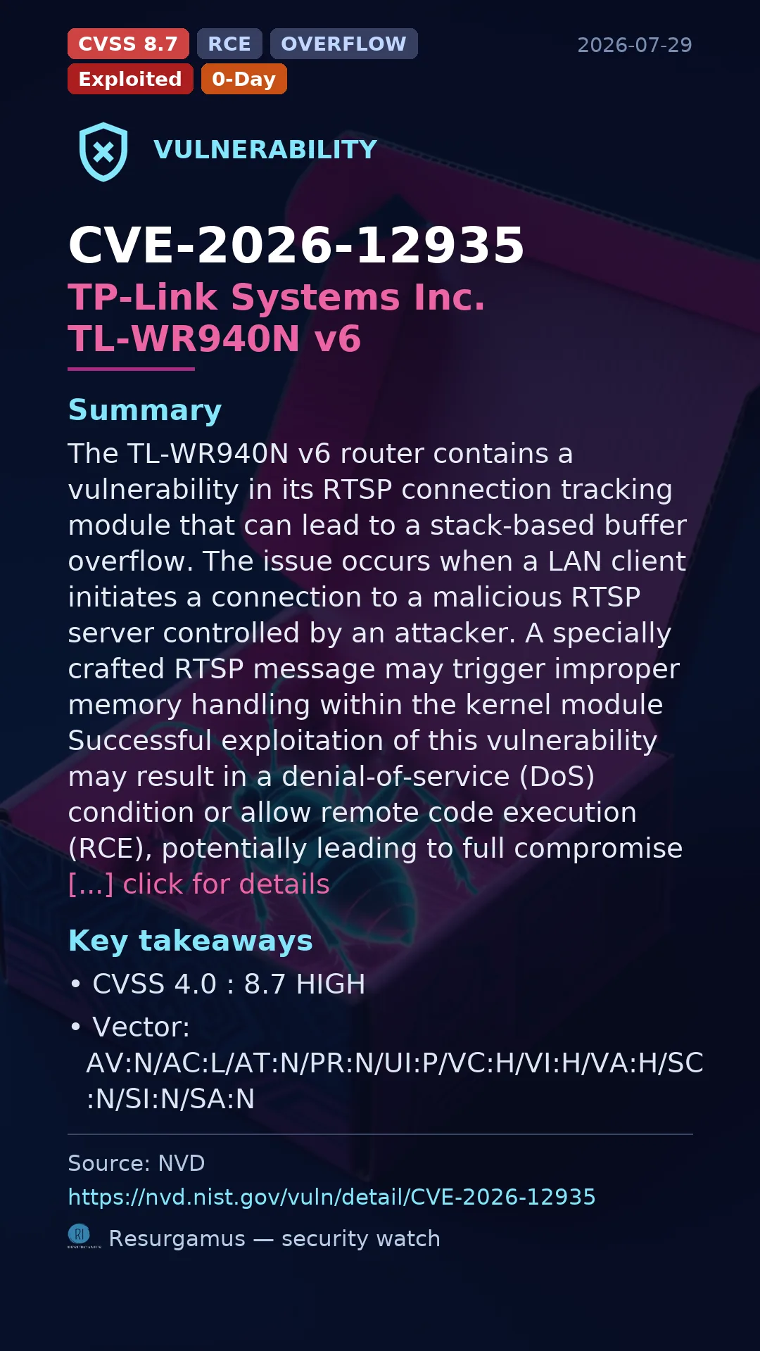CVE-2026-12935 TP-Link Systems Inc. TL-WR940N v6 Vulnerability
