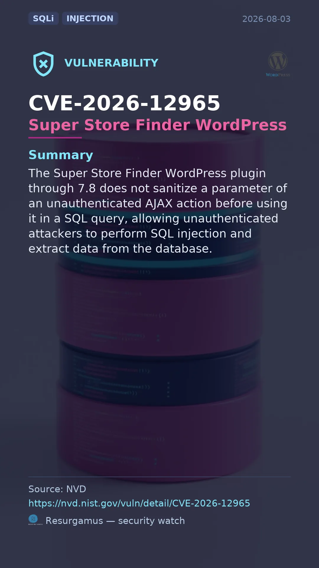 CVE-2026-12965 Super Store Finder WordPress Vulnerability