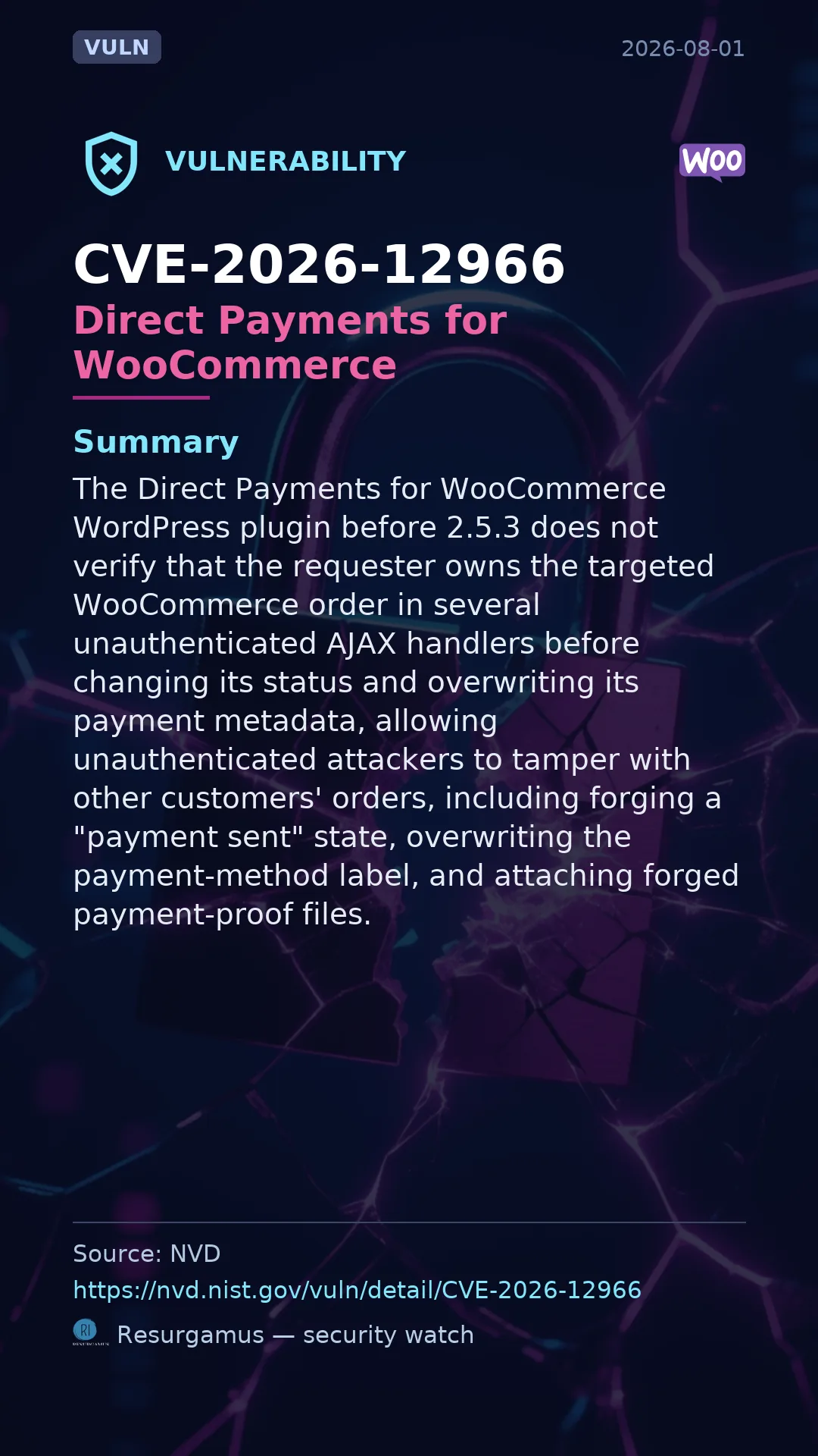 CVE-2026-12966 Direct Payments for WooCommerce Vulnerability