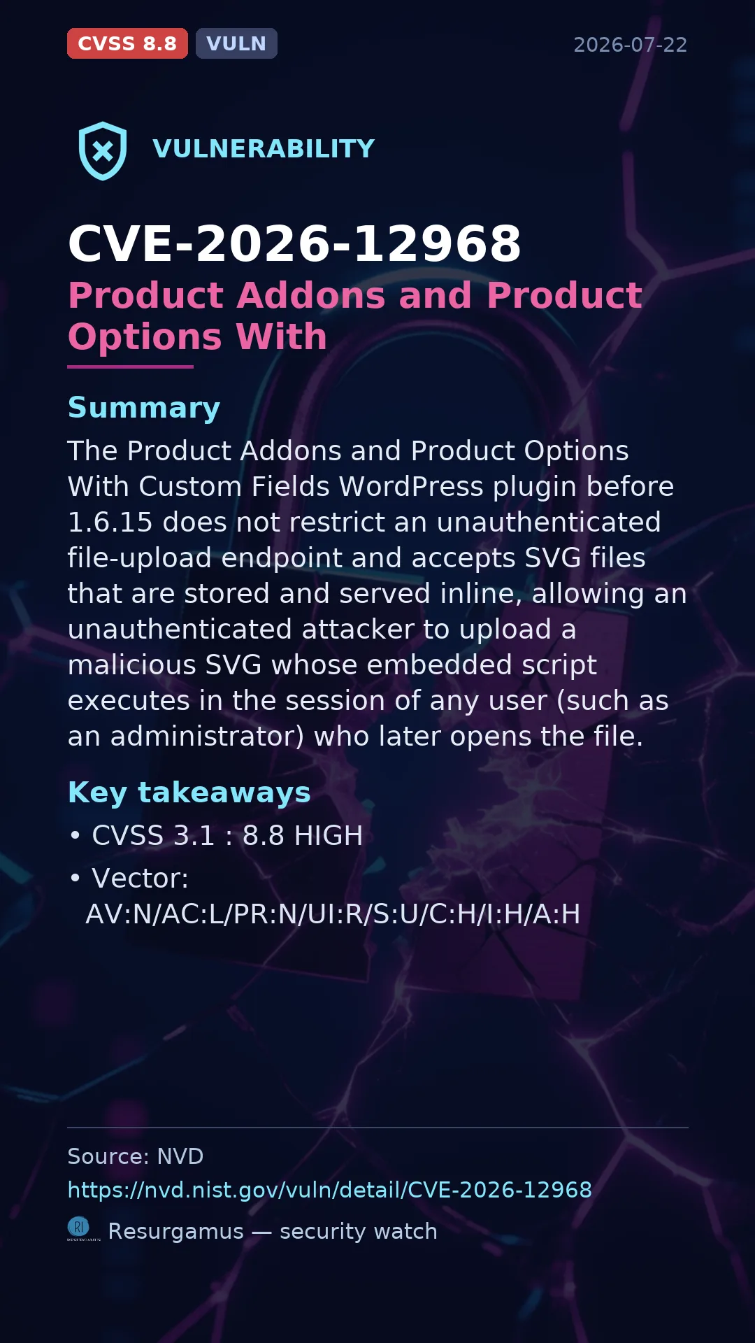 CVE-2026-12968 Product Addons and Product Options With Custom Fields Vulnerability