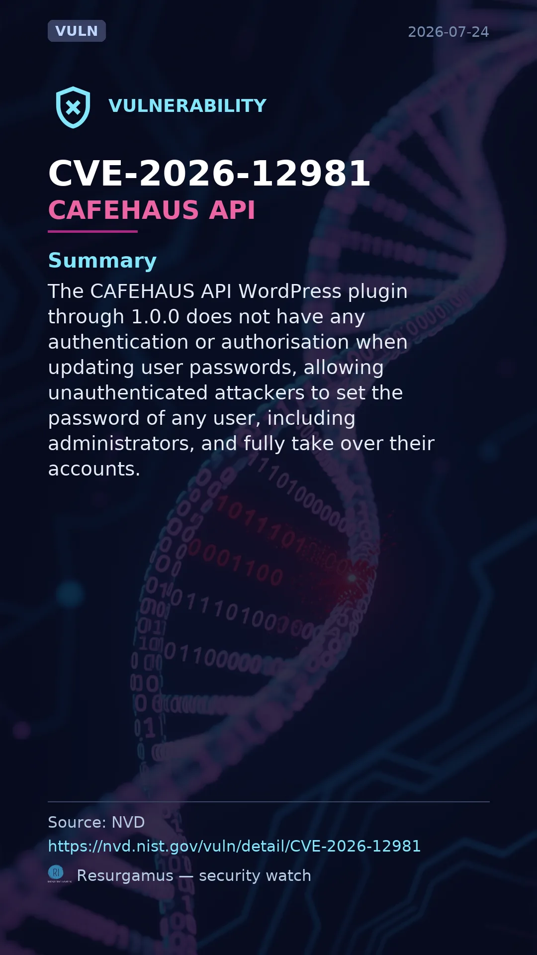 CVE-2026-12981 - CAFEHAUS API vulnerability