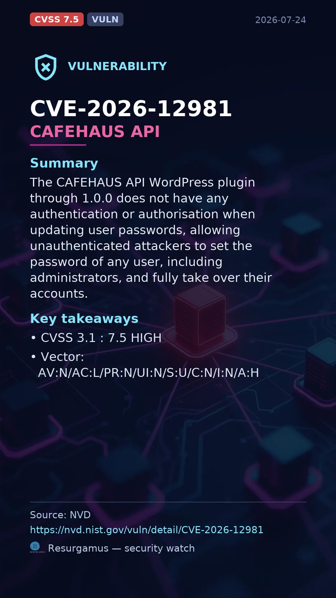 CVE-2026-12981 - CAFEHAUS API vulnerability