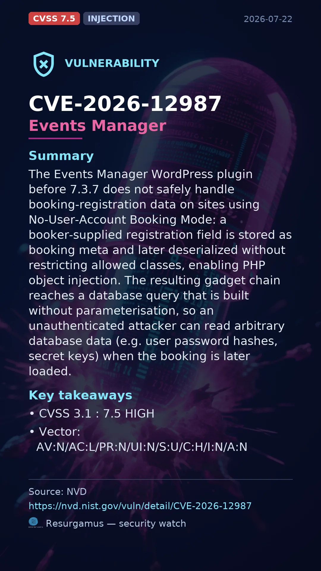 CVE-2026-12987 Events Manager Vulnerability