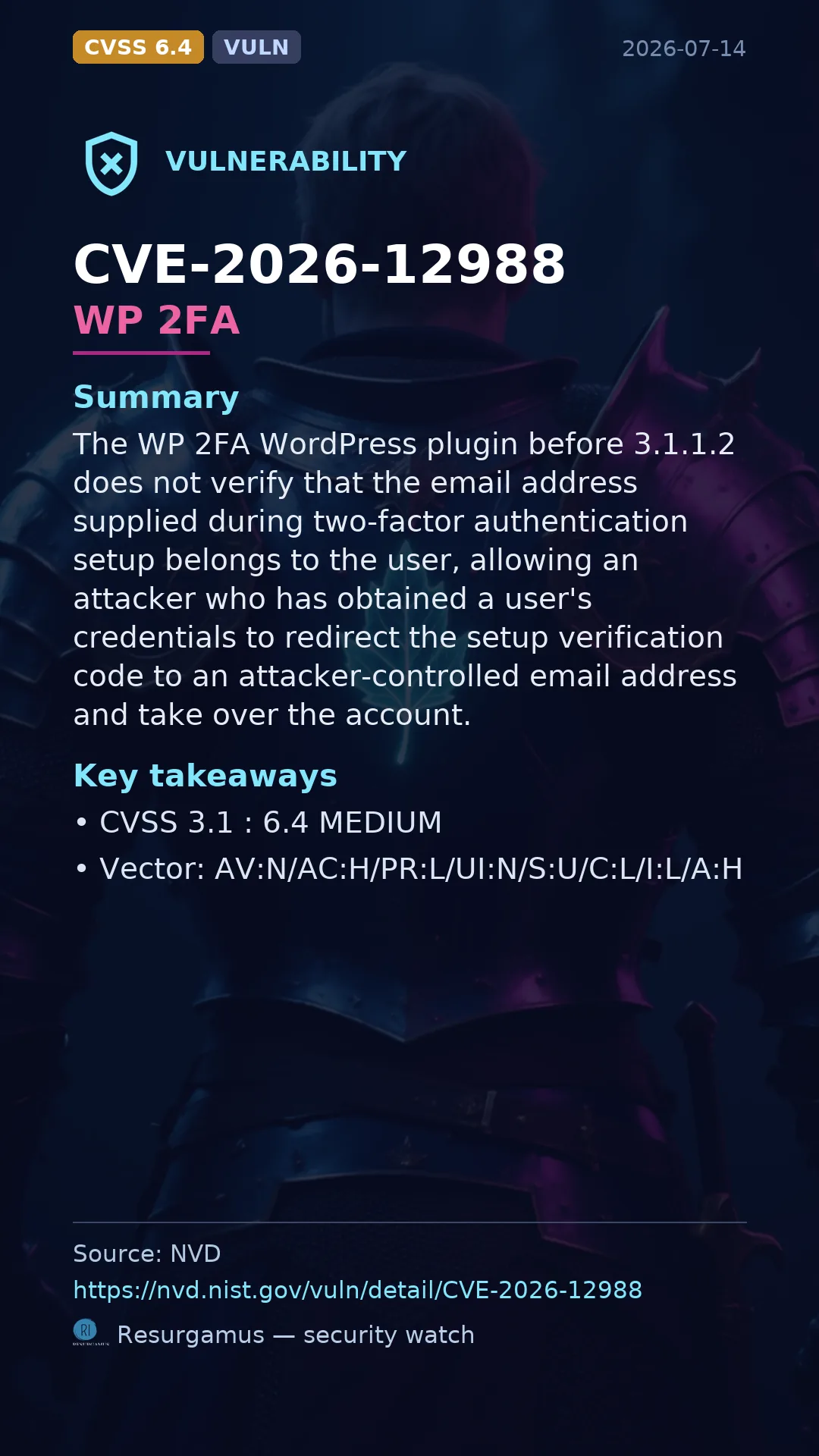 CVE-2026-12988 WP 2FA Vulnerability