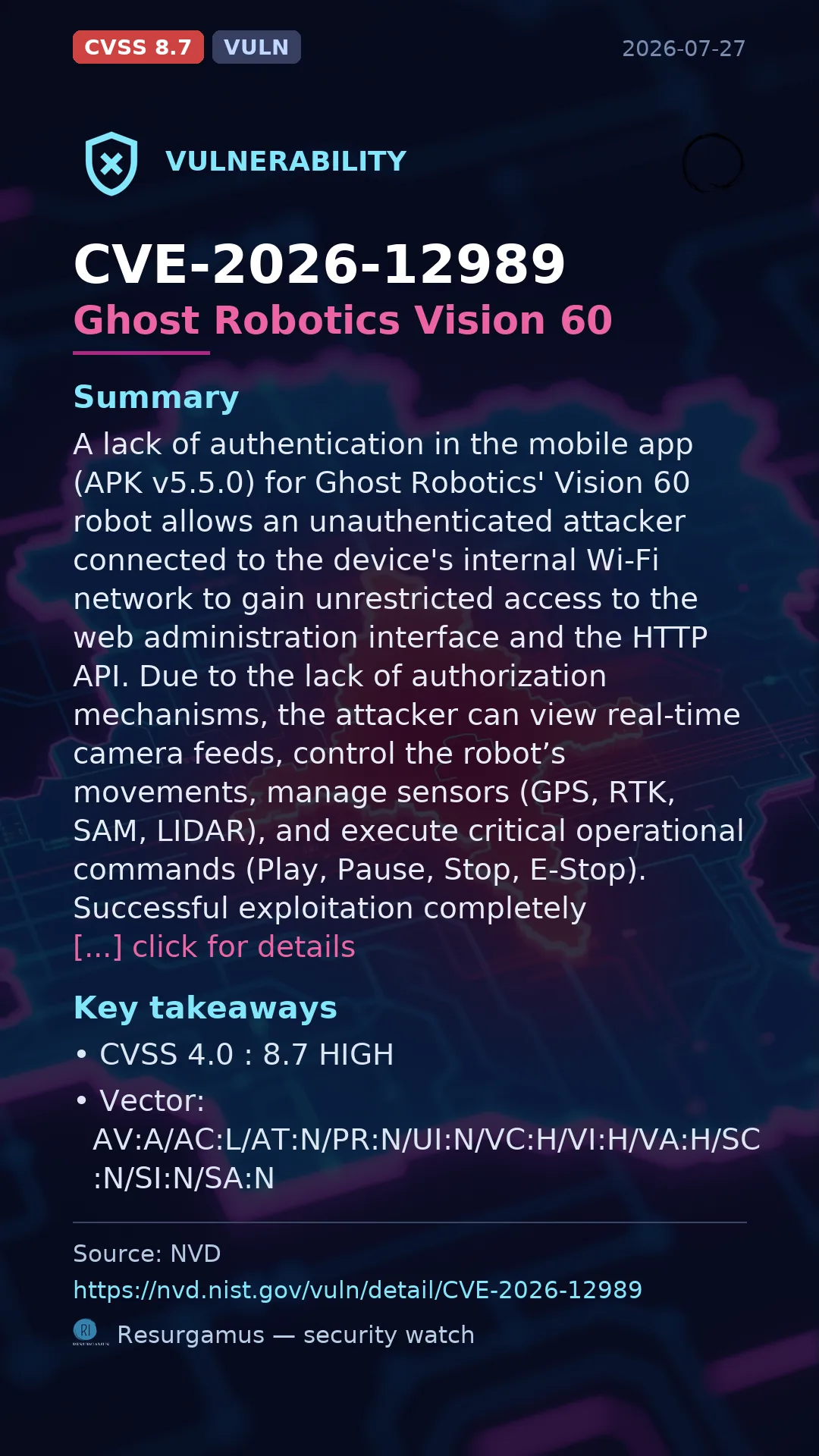 CVE-2026-12989 Ghost Robotics Vision 60 Vulnerability