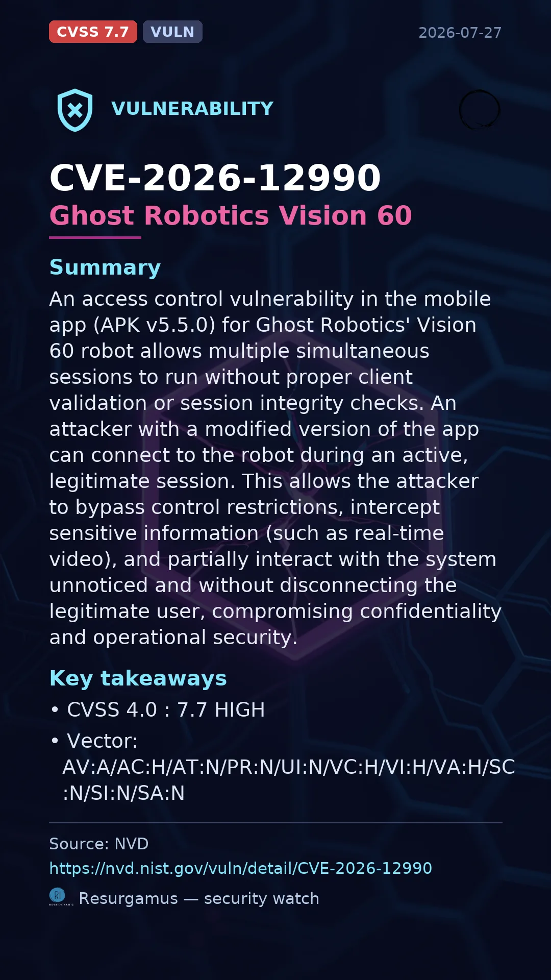 CVE-2026-12990 Ghost Robotics Vision 60 Vulnerability