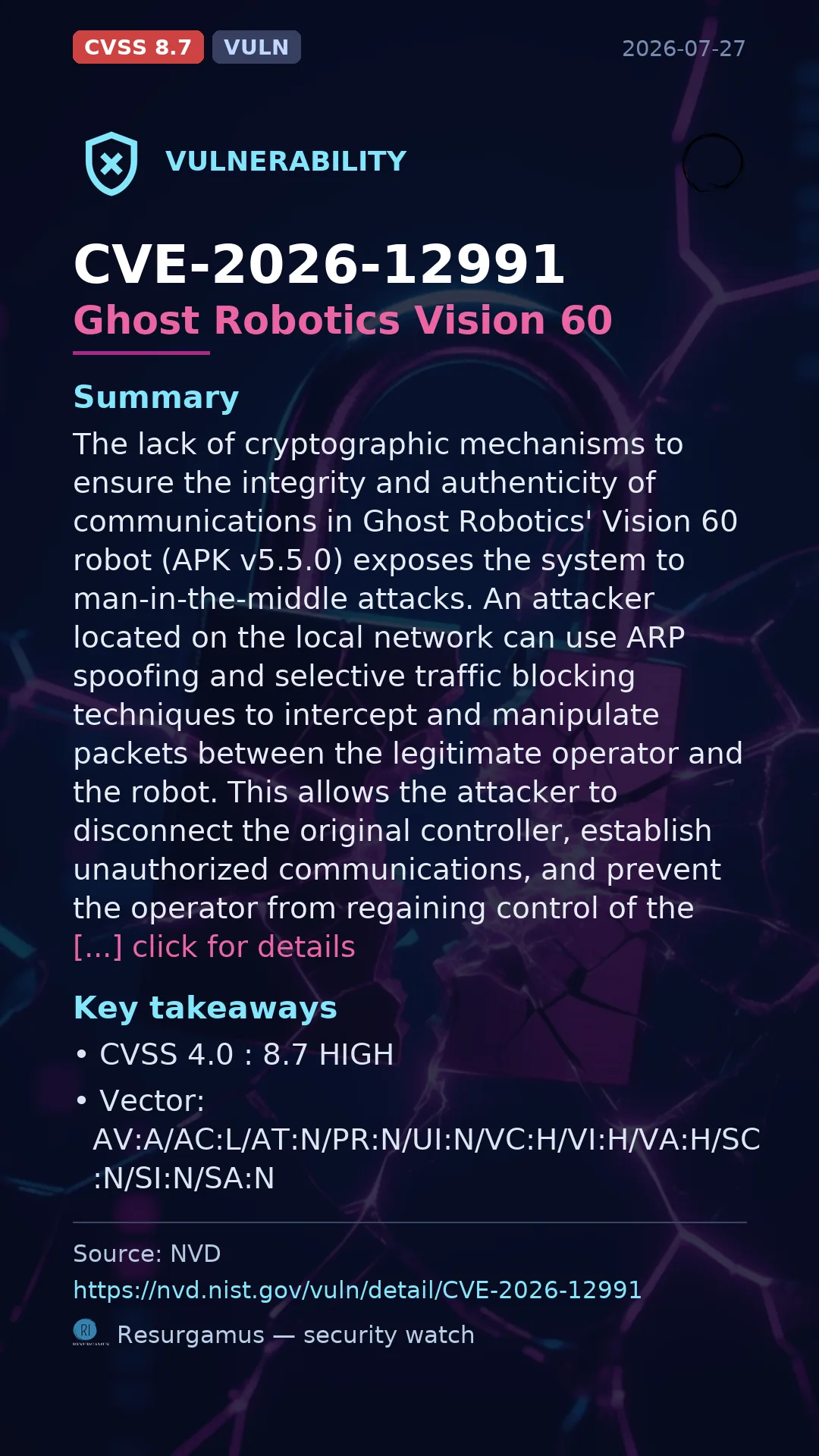 CVE-2026-12991 Ghost Robotics Vision 60 Vulnerability