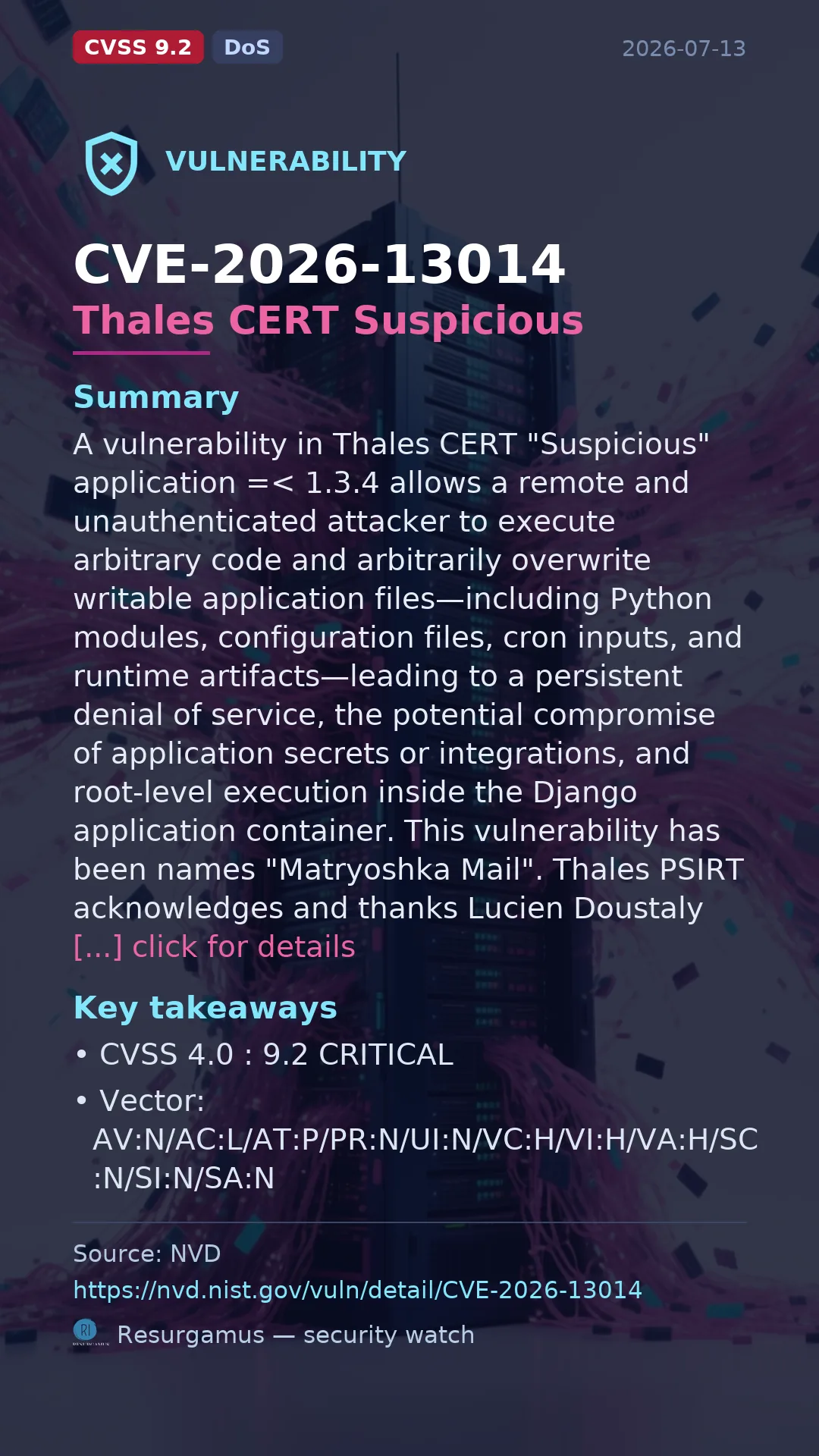CVE-2026-13014 Thales CERT Suspicious Vulnerability