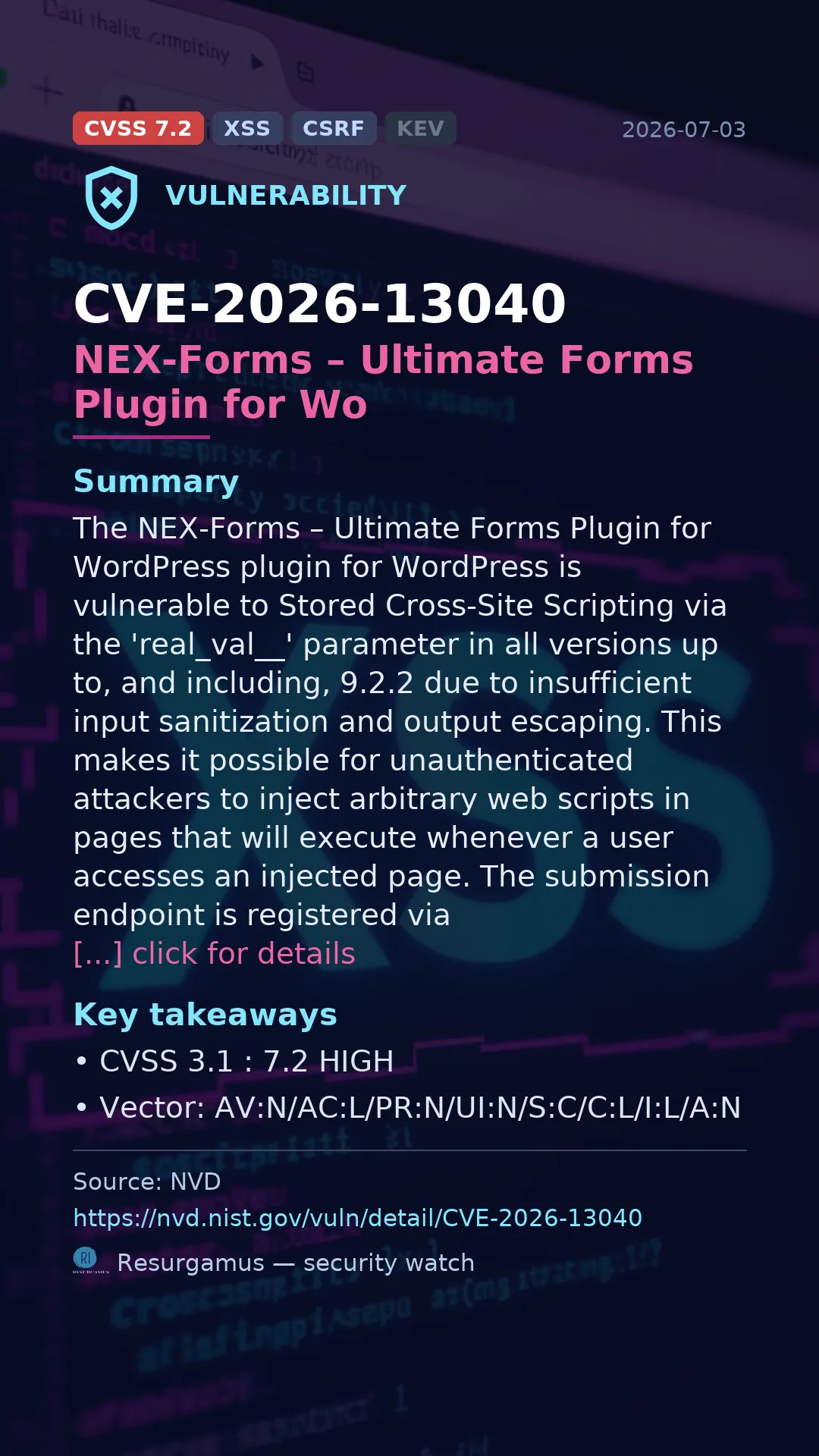 CVE-2026-13040 NEX-Forms – Ultimate Forms Plugin for Wo Vulnerability