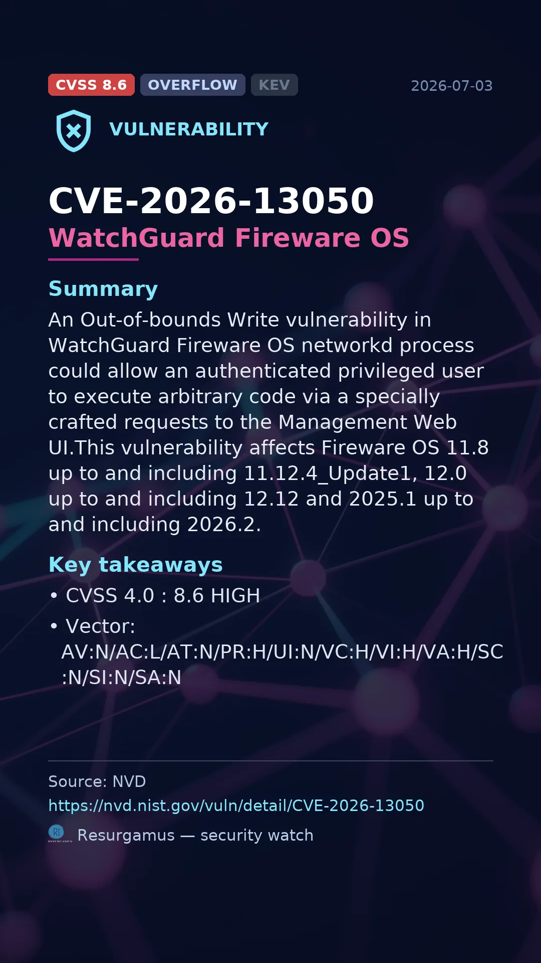 CVE-2026-13050 WatchGuard Fireware OS Vulnerability
