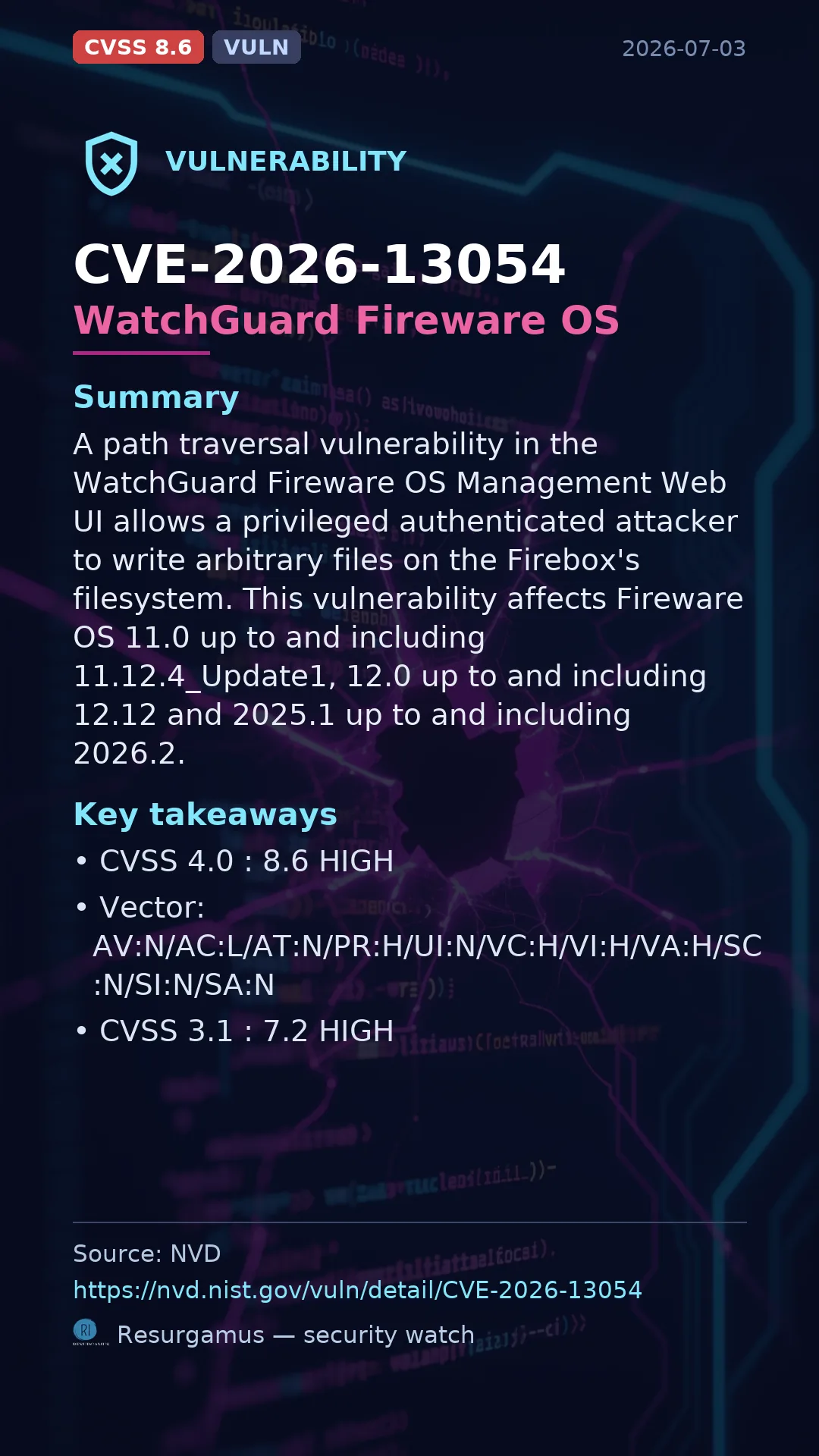 CVE-2026-13054 WatchGuard Fireware OS Vulnerability