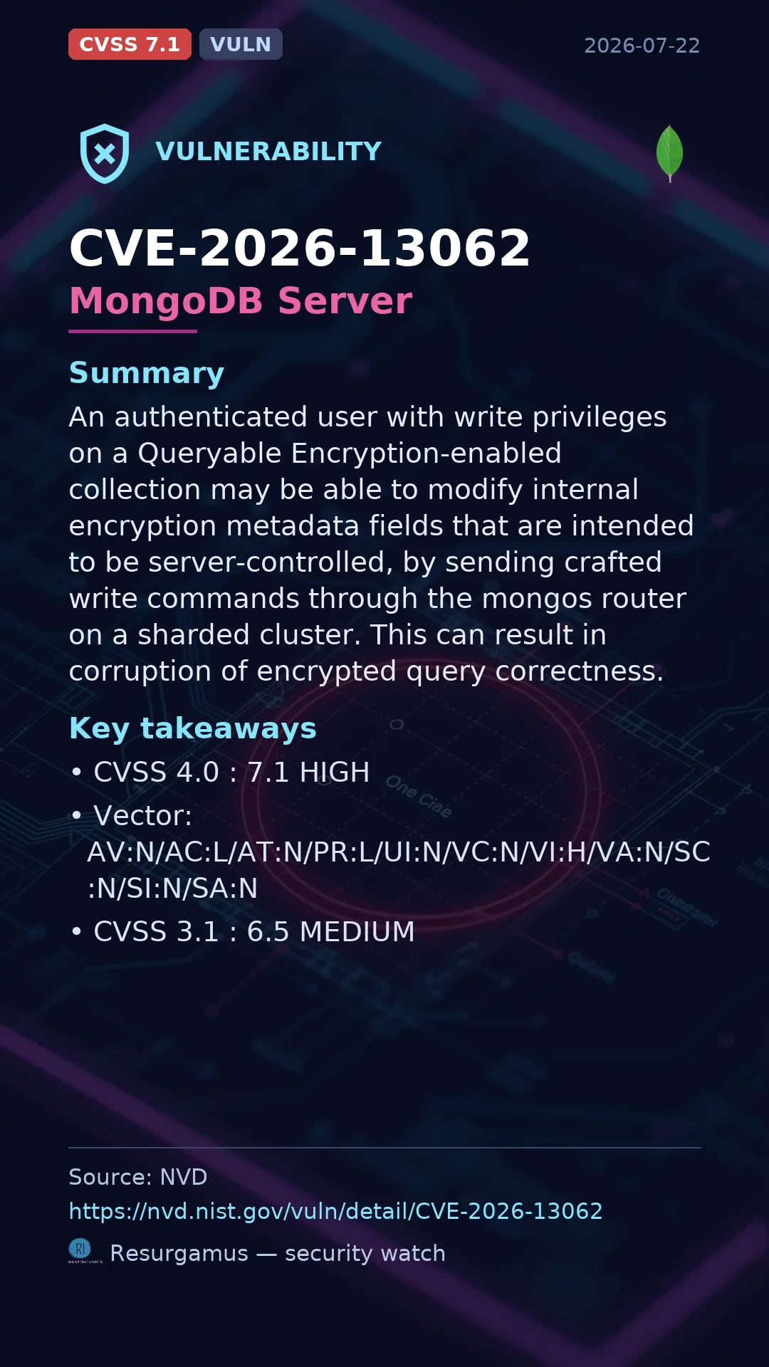 CVE-2026-13062 MongoDB Server Vulnerability