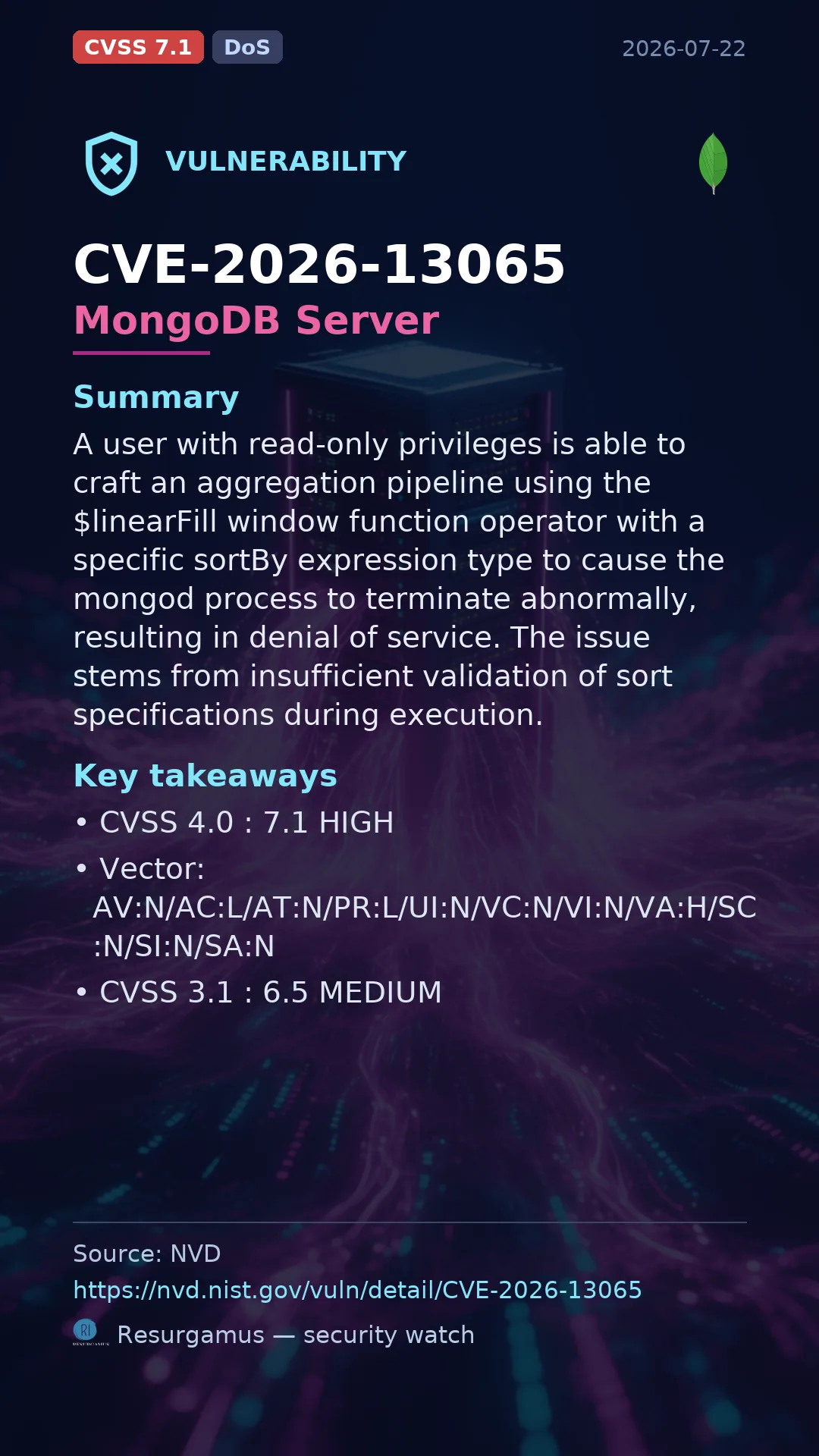 CVE-2026-13065 MongoDB Server Vulnerability