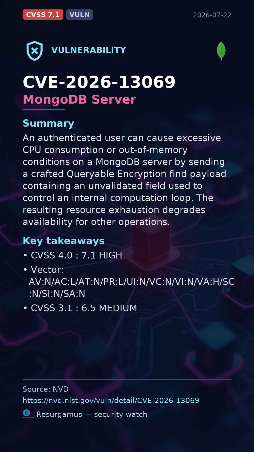 CVE-2026-13069 MongoDB Server Vulnerability