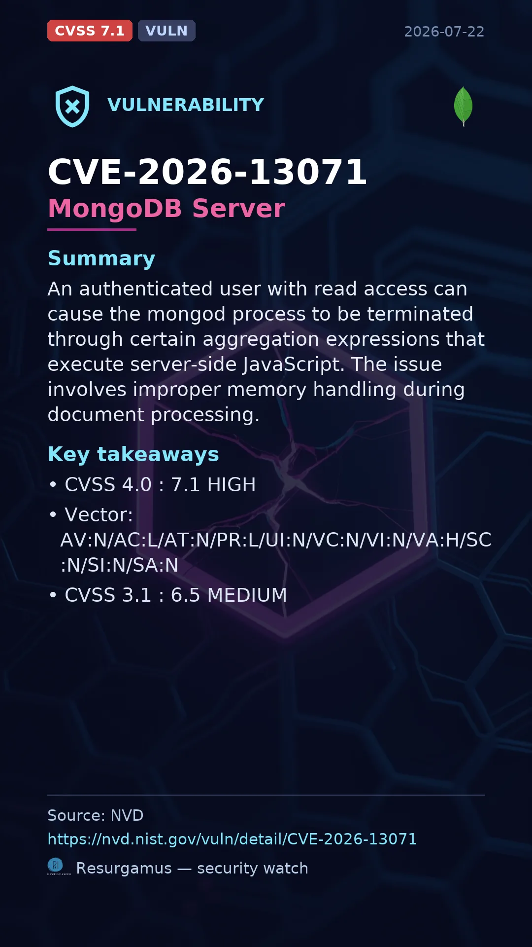 CVE-2026-13071 MongoDB Server Vulnerability