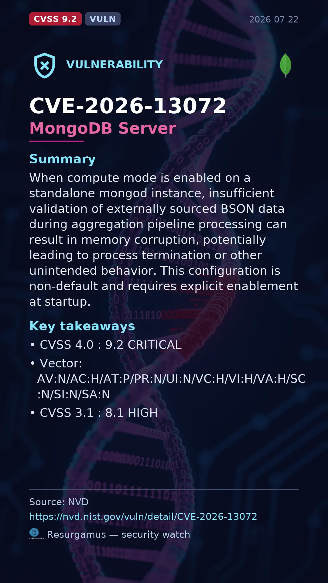 CVE-2026-13072 MongoDB Server Vulnerability