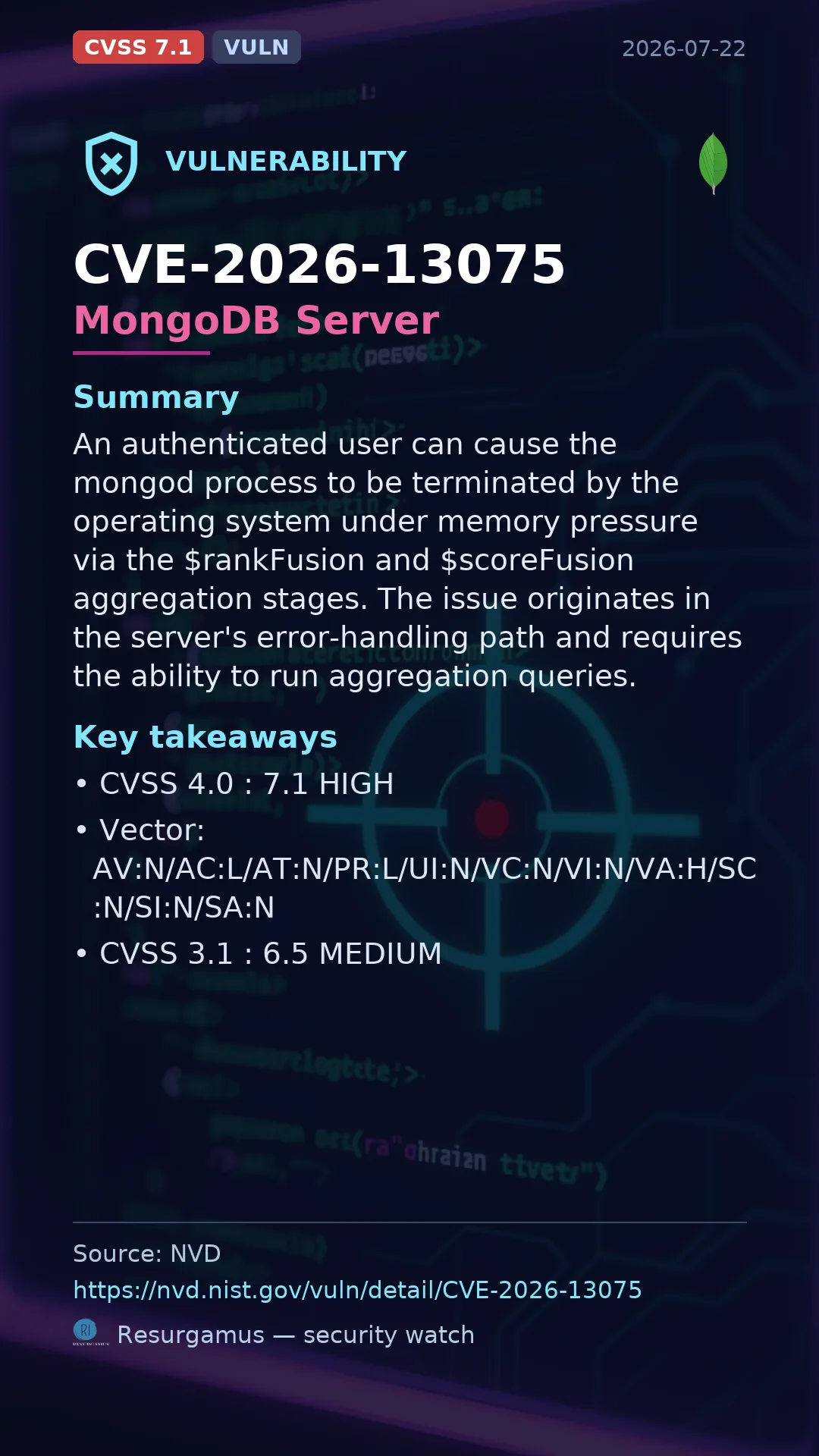 CVE-2026-13075 MongoDB Server Vulnerability