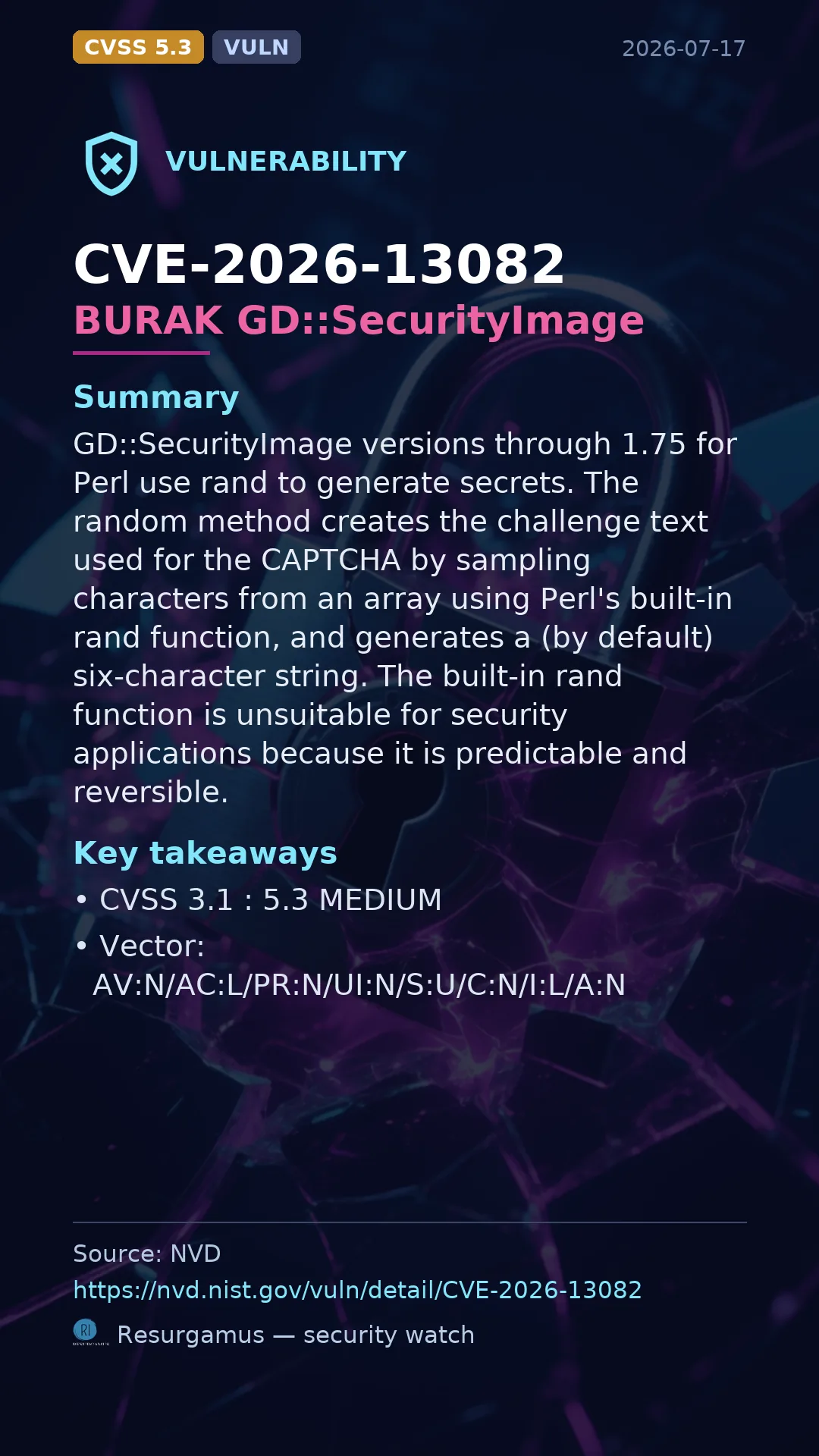 CVE-2026-13082 BURAK GD::SecurityImage Vulnerability